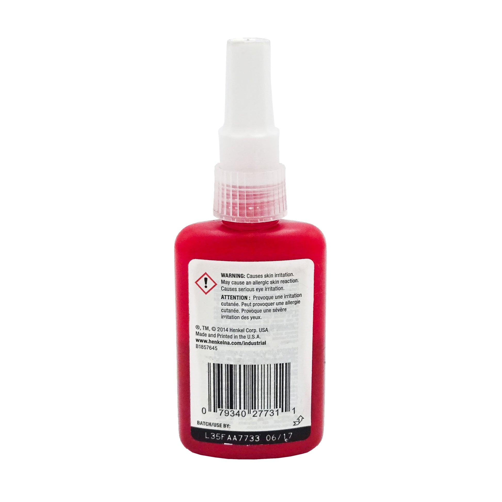 Back of Loctite 277 Threadlocker bottle showing warning text, barcode, and expiration code.