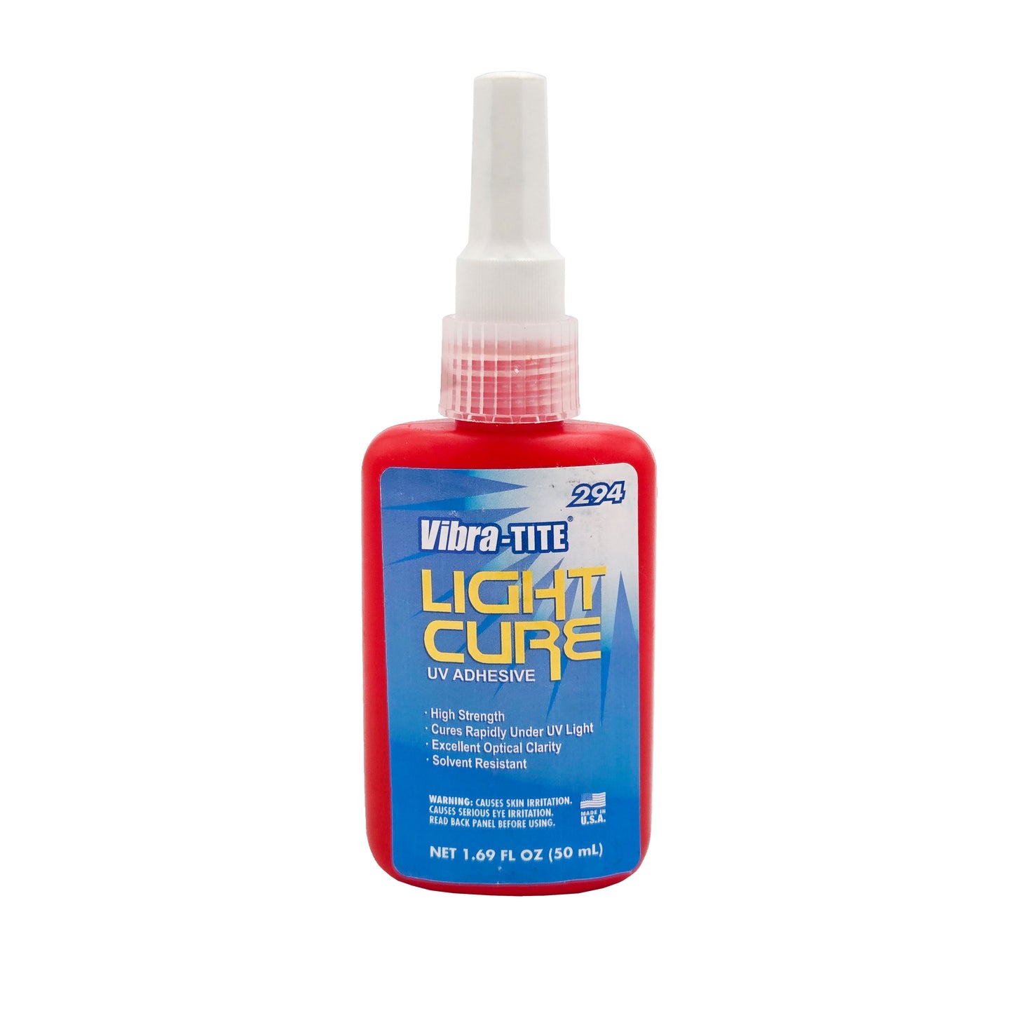 Front of Vibra-Tite 294 Light Cure UV Adhesive 50mL bottle with blue and white label and white cap.