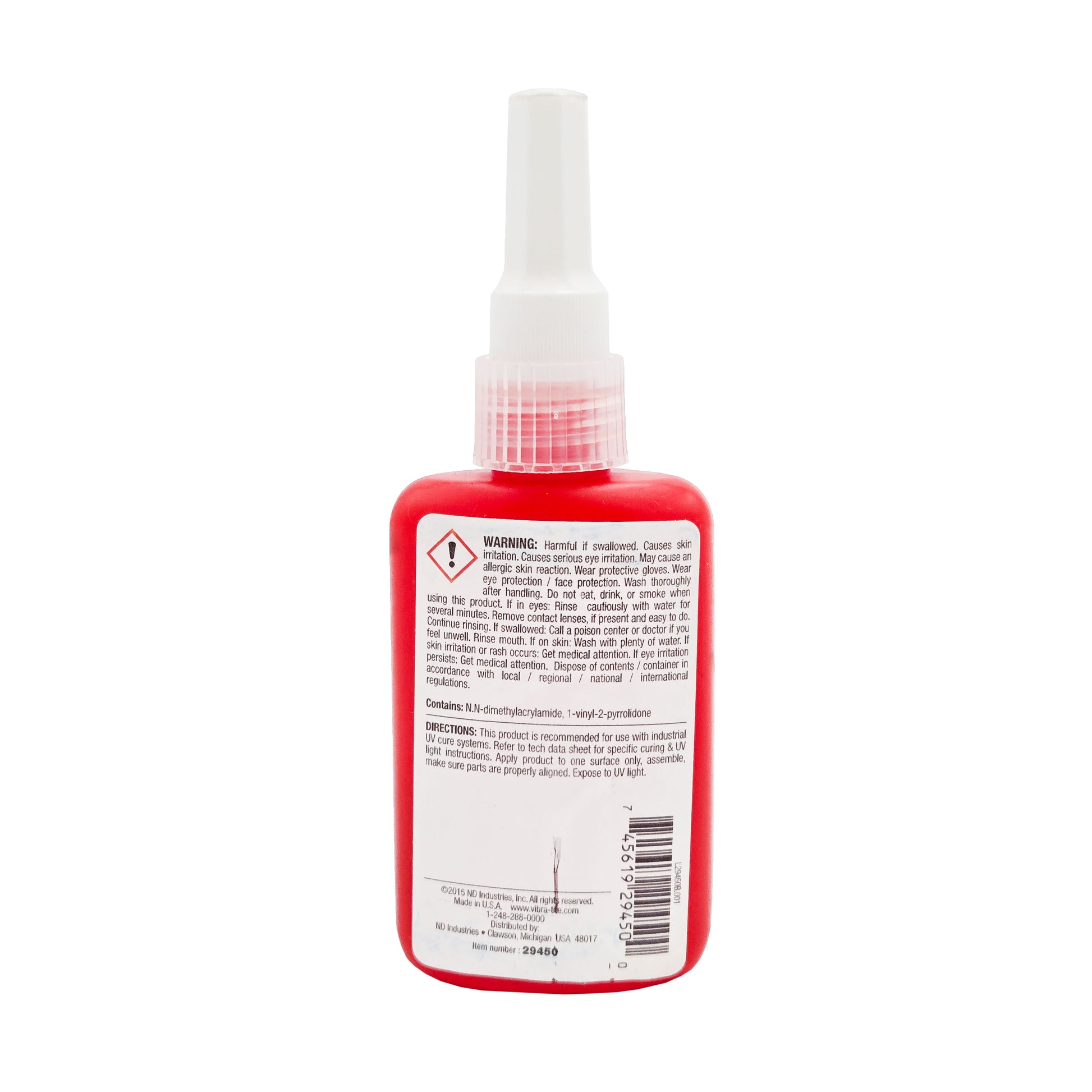 Back of Vibra-Tite 294 Light Cure Adhesive bottle showing warning text, hazard symbol, and barcode.