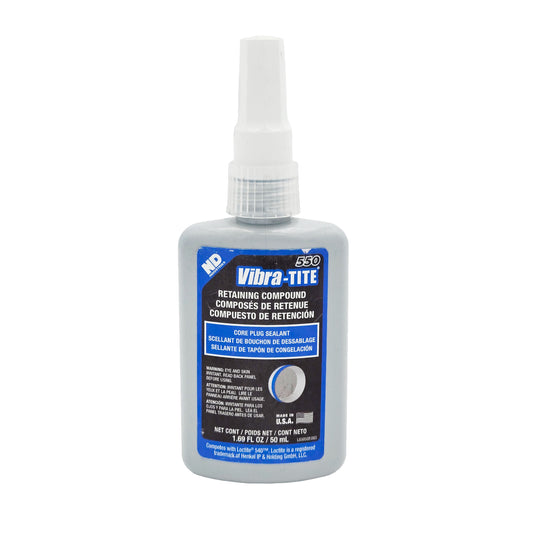 Front of Vibra-Tite 550 Core Plug Sealant Retaining Compound 50mL bottle with gray label and white cap.
