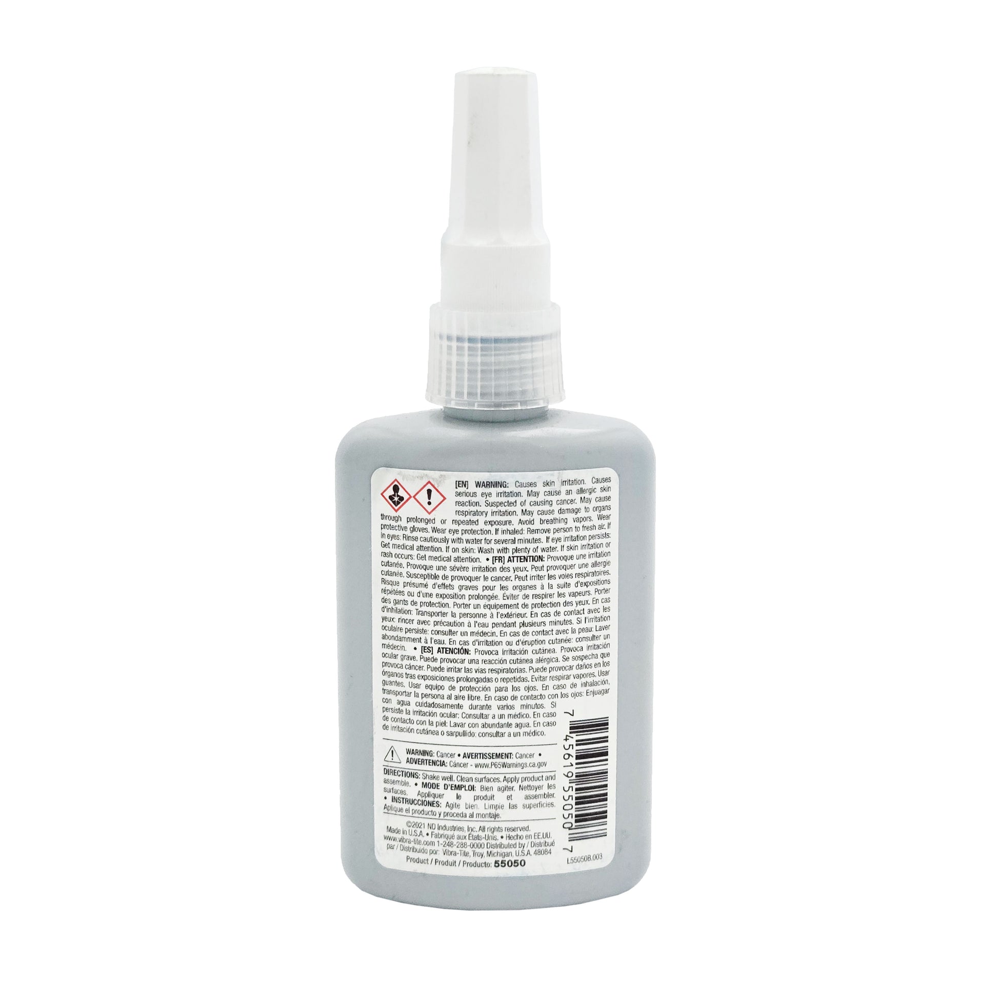 Back of Vibra-Tite 550 Retaining Compound bottle showing safety warnings and multilingual instructions.