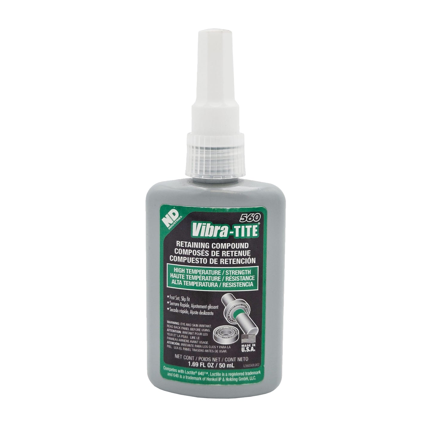 Front of Vibra-Tite 560 High Strength High Temp Retaining Compound 50mL bottle with green and white label.
