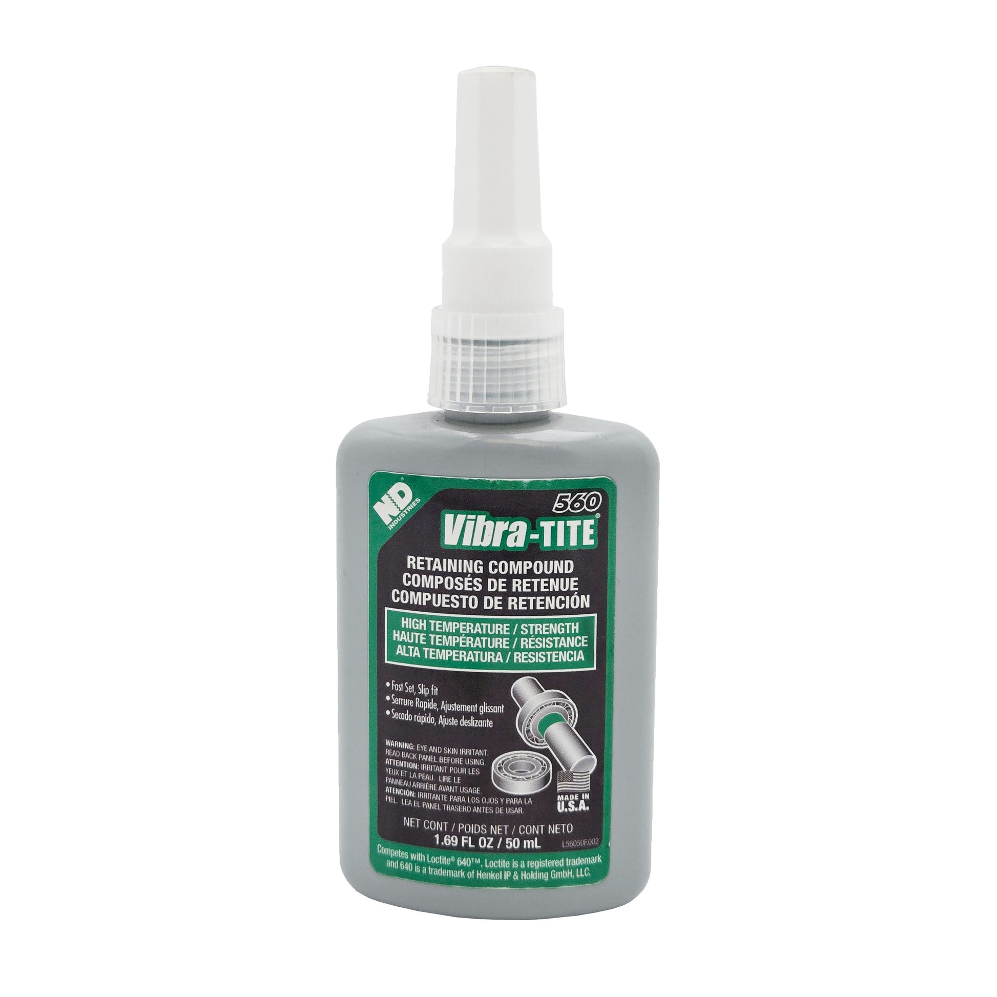 Front of Vibra-Tite 560 High Strength High Temp Retaining Compound 50mL bottle with green and white label.