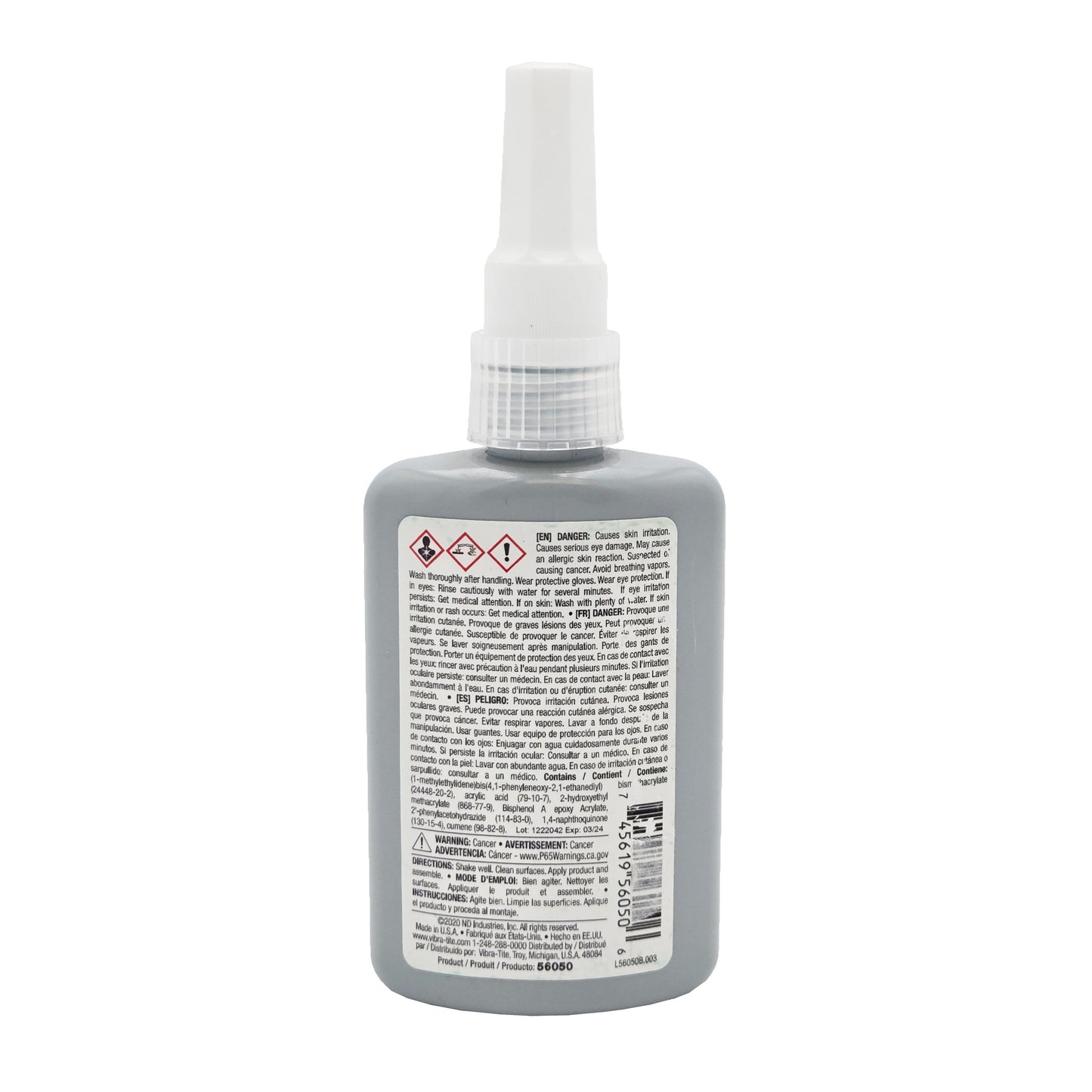 Back of Vibra-Tite 560 bottle showing danger warnings, hazard symbols, and barcode.