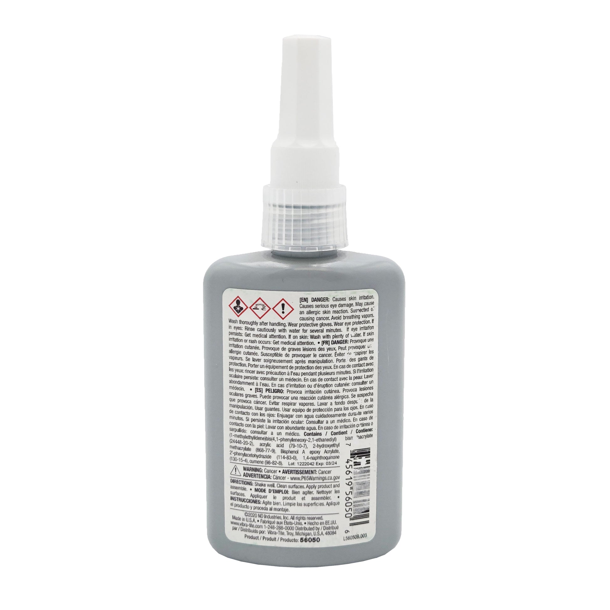 Back of Vibra-Tite 560 bottle showing danger warnings, hazard symbols, and barcode.