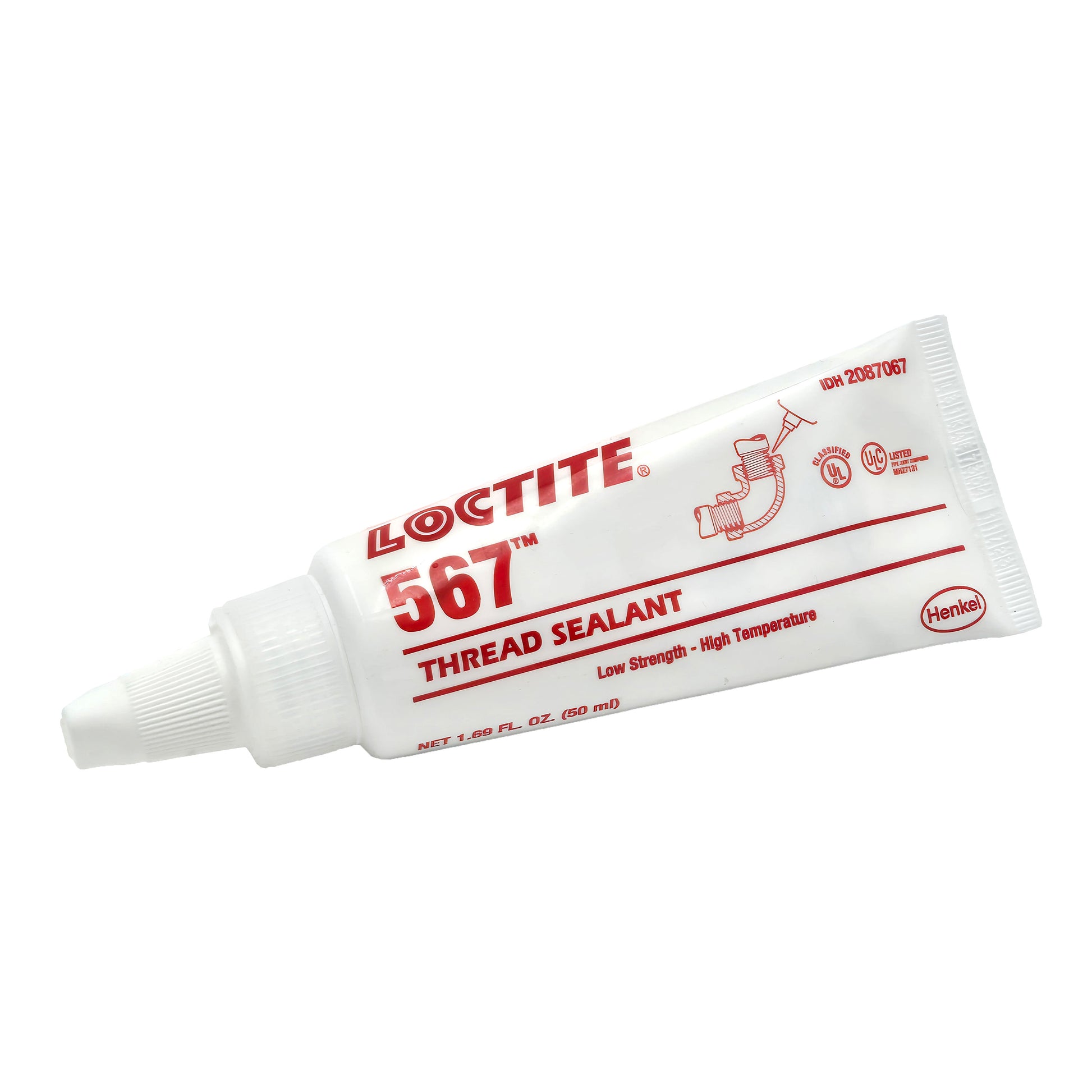 Back of Loctite 567 Thread Sealant tube showing warning label, UL classification, and Henkel manufacturer details.