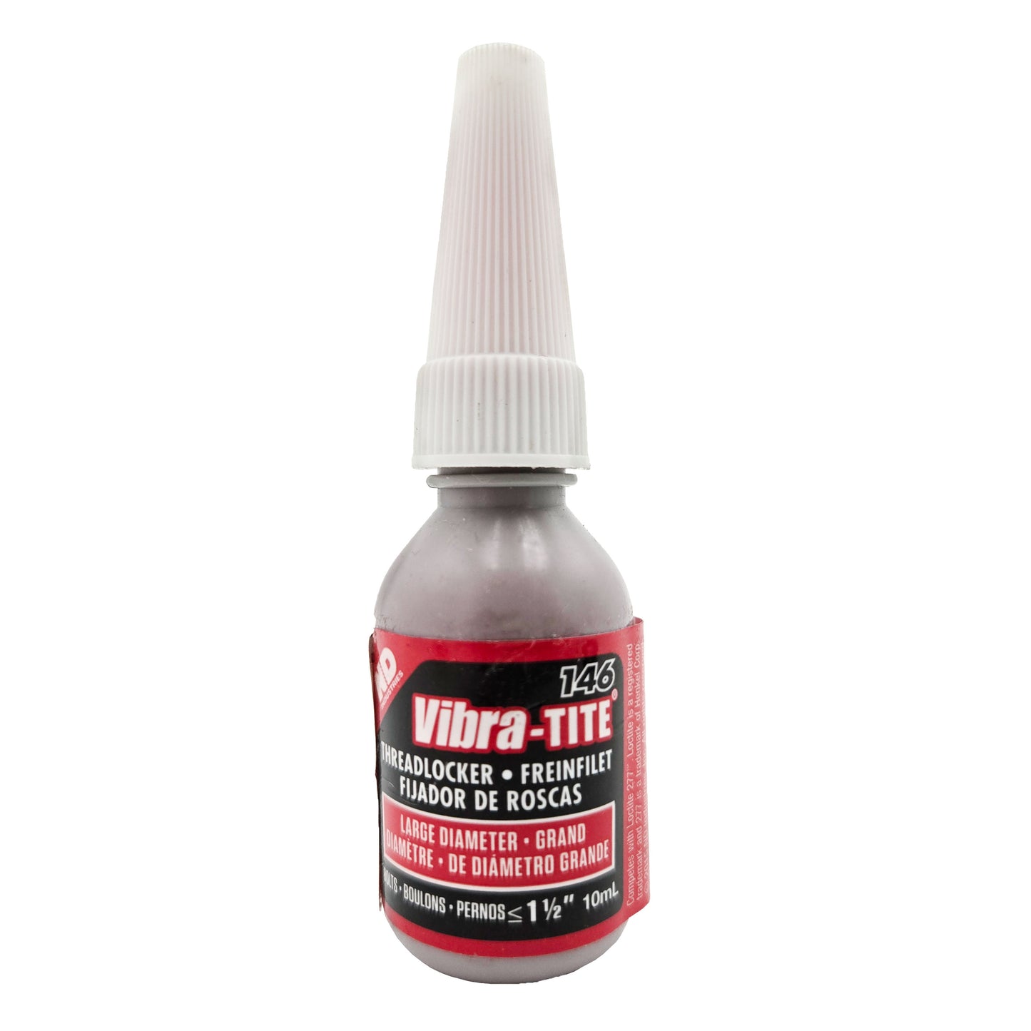 Vibra-Tite 146 Large Diameter High Strength Threadlocker 10mL bottle with red label and white nozzle.