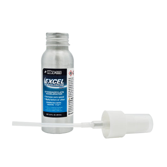 Vibra-Tite 624 Cyanoacrylate Accelerator 2oz aluminum bottle with sprayer, EXCEL surface prep adhesive activator.