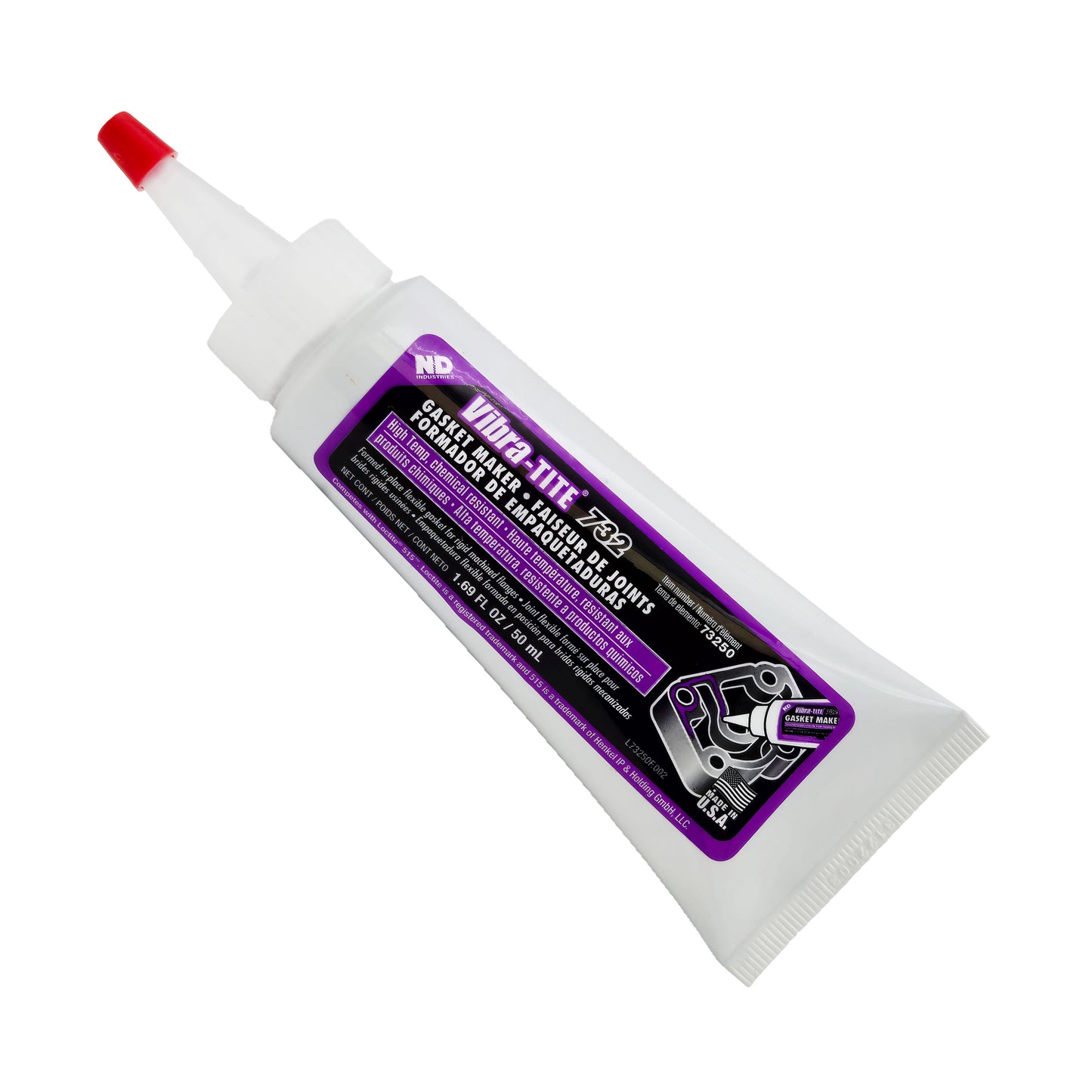 Vibra-Tite 732 Flexible Gasket Maker 50mL tube with purple label, high temp chemical-resistant sealant.
