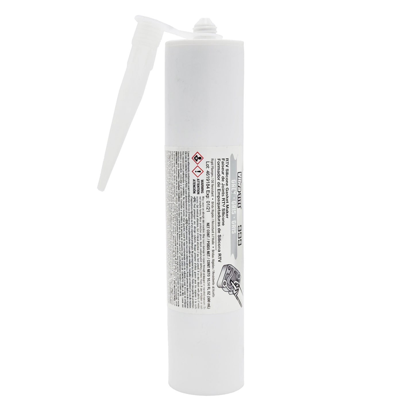 Vibra-Tite 999 Grey RTV Gasket Maker Silicone 300mL caulk tube with nozzle and safety label.