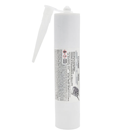 Vibra-Tite 999 Grey RTV Gasket Maker Silicone 300mL caulk tube with nozzle and safety label.
