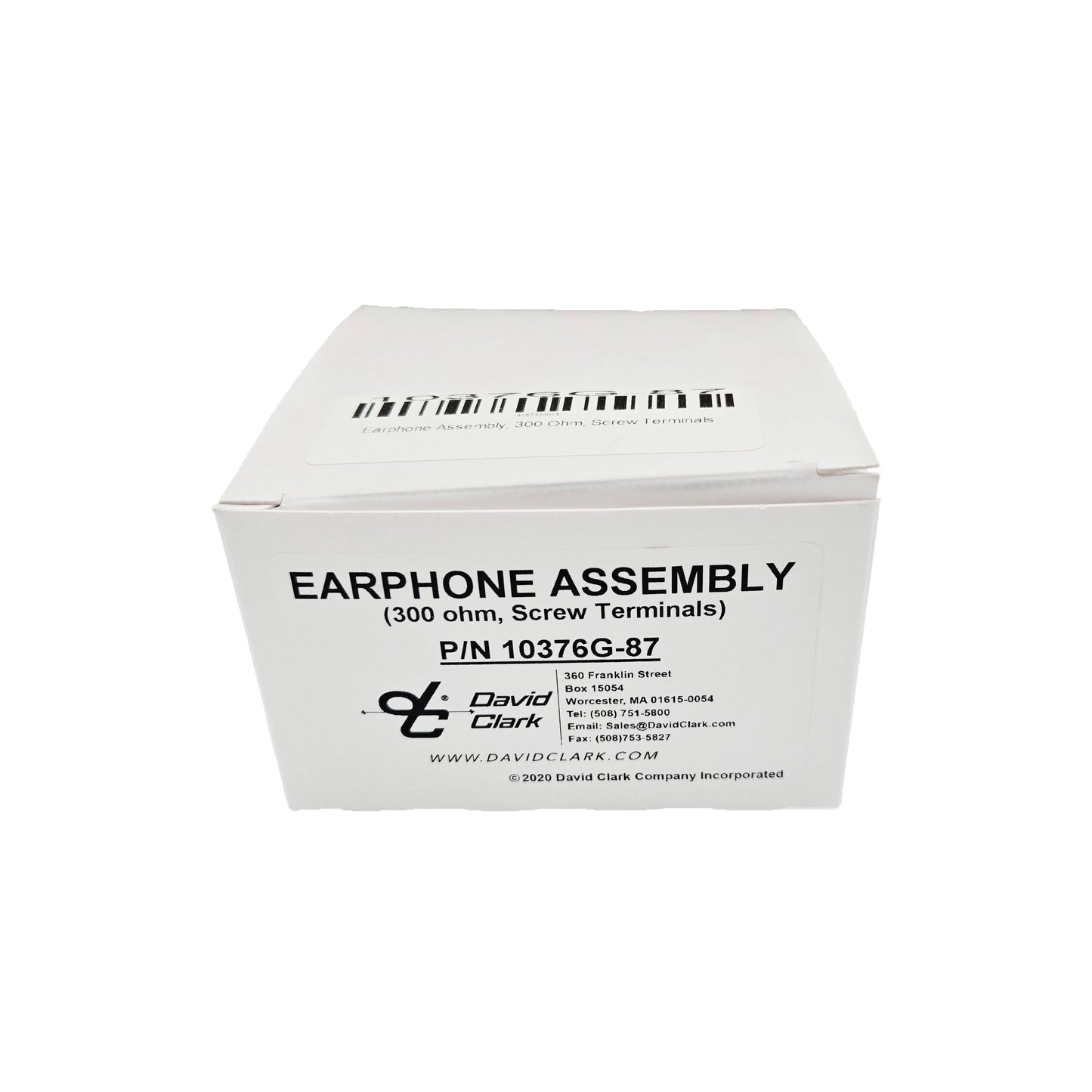David Clark 10376G-87 earphone assembly product box showing 300-ohm screw-terminal specifications, part number, and barcode.