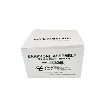 David Clark 10376G-87 earphone assembly product box showing 300-ohm screw-terminal specifications, part number, and barcode.