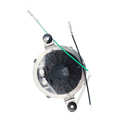 Back view of David Clark 10376G-87 earphone assembly showing round speaker housing, metal frame, and attached green and black lead wires.