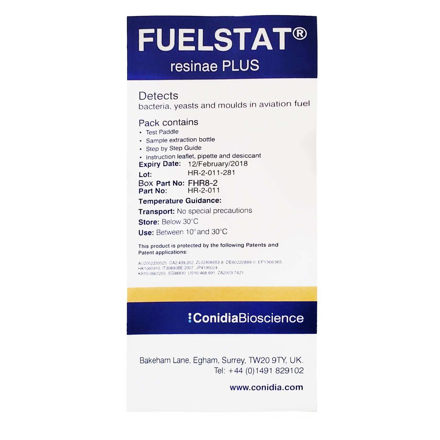 Top view of expired FuelStat Resinae Plus Jet Fuel Test Kit box showing product label, expiration date, and ConidiaBioscience branding.