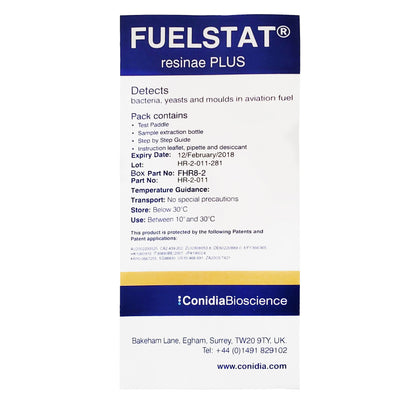 Top view of expired FuelStat Resinae Plus Jet Fuel Test Kit box showing product label, expiration date, and ConidiaBioscience branding.