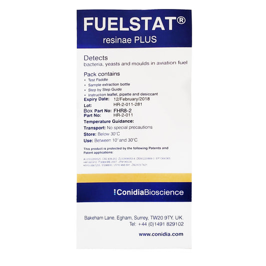 Top view of expired FuelStat Resinae Plus Jet Fuel Test Kit box showing product label, expiration date, and ConidiaBioscience branding.