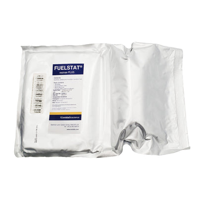 Open box of expired FuelStat Resinae Plus test kits showing multiple sealed silver foil pouches inside cardboard packaging.