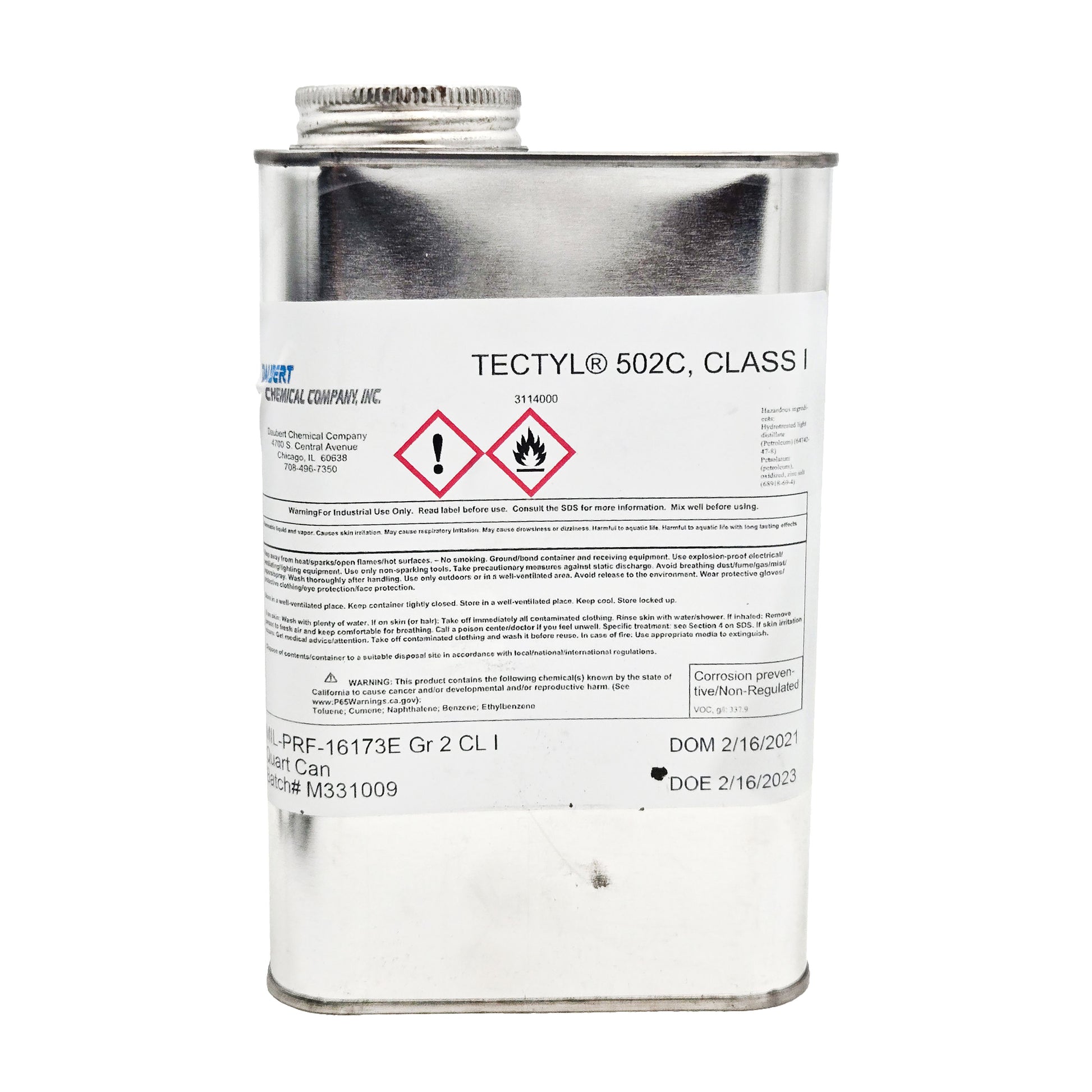Front view of Tectyl 502C Class I corrosion preventive metal can showing MIL-PRF-16173E specification, hazard symbols, and expiration date.