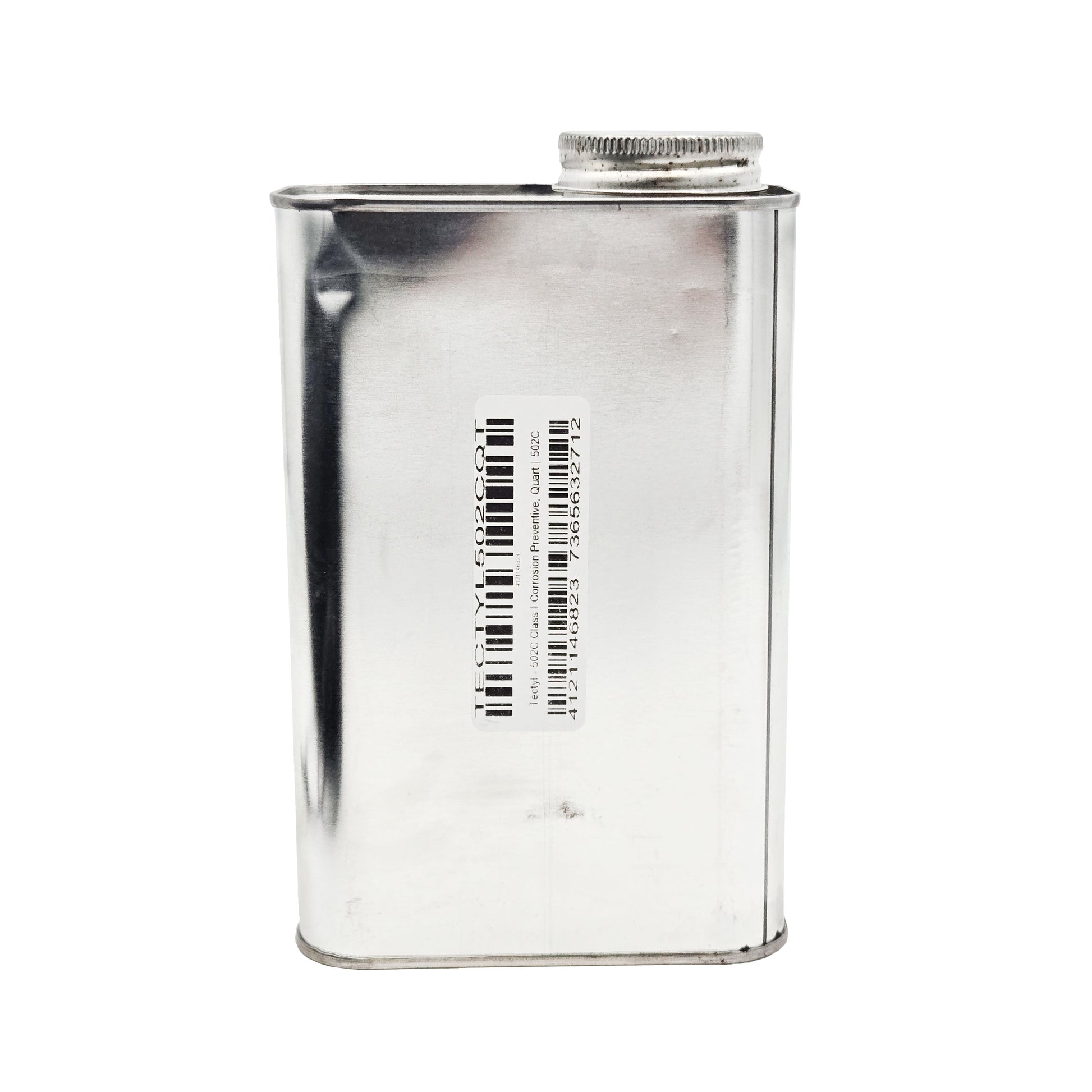 Side view of Tectyl 502C quart metal can showing reflective surface, product barcode, and identification label details.