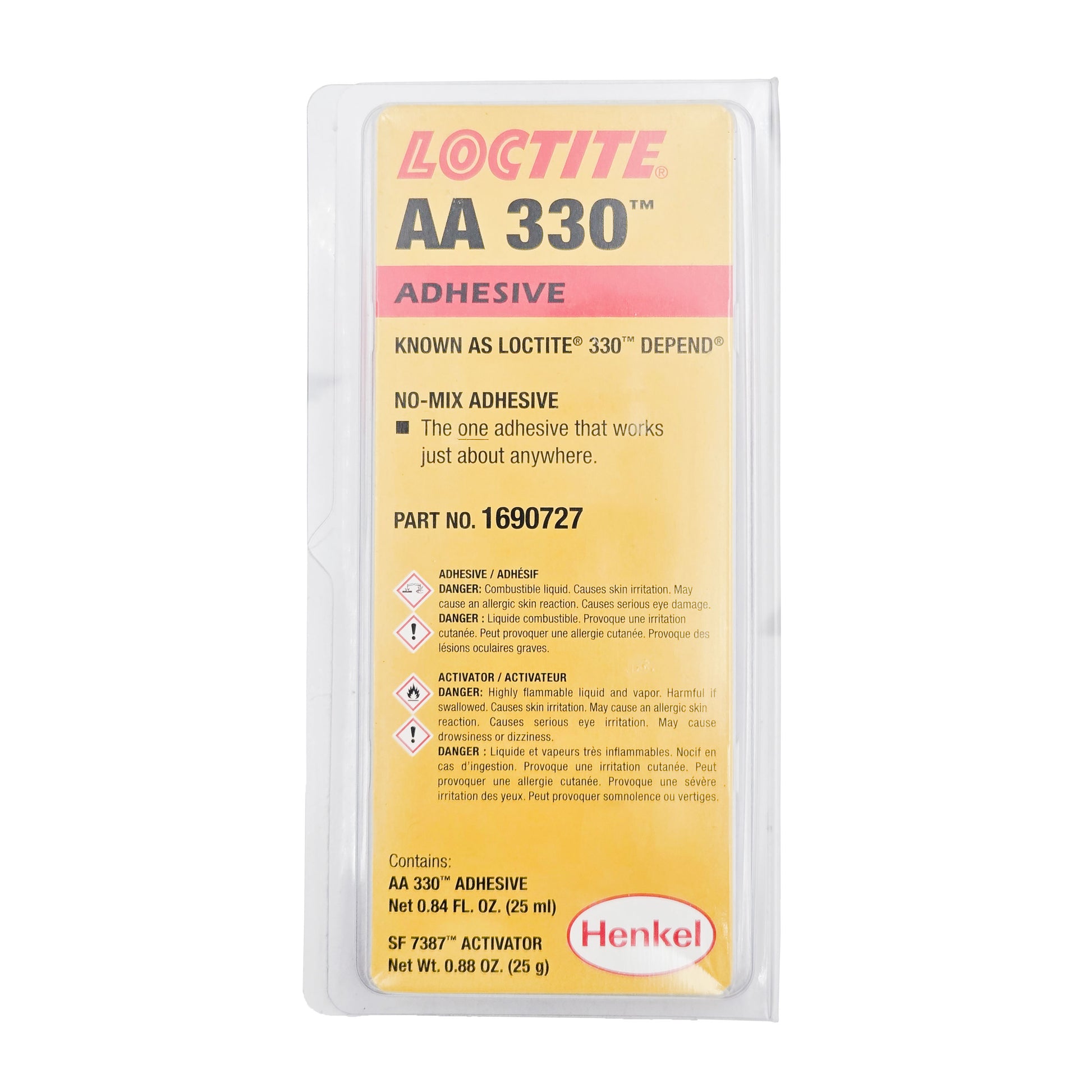 Close-up of expired Loctite 330 Depend Adhesive retail label showing product name, warnings, and dual-component details.