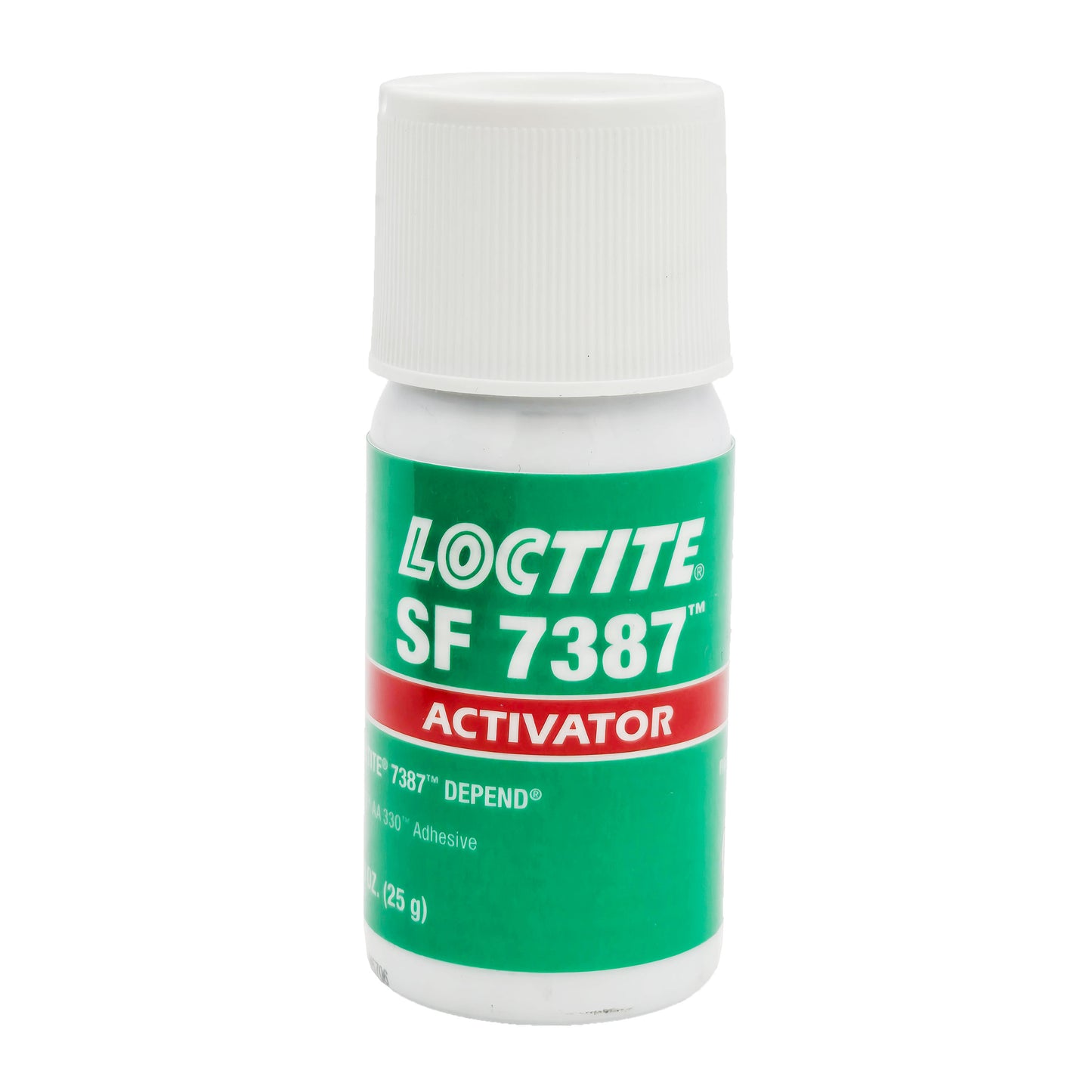 Front view of expired Loctite SF 7387 Activator 25g bottle with green and white label and red activator band.