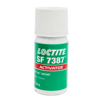 Front view of expired Loctite SF 7387 Activator 25g bottle with green and white label and red activator band.