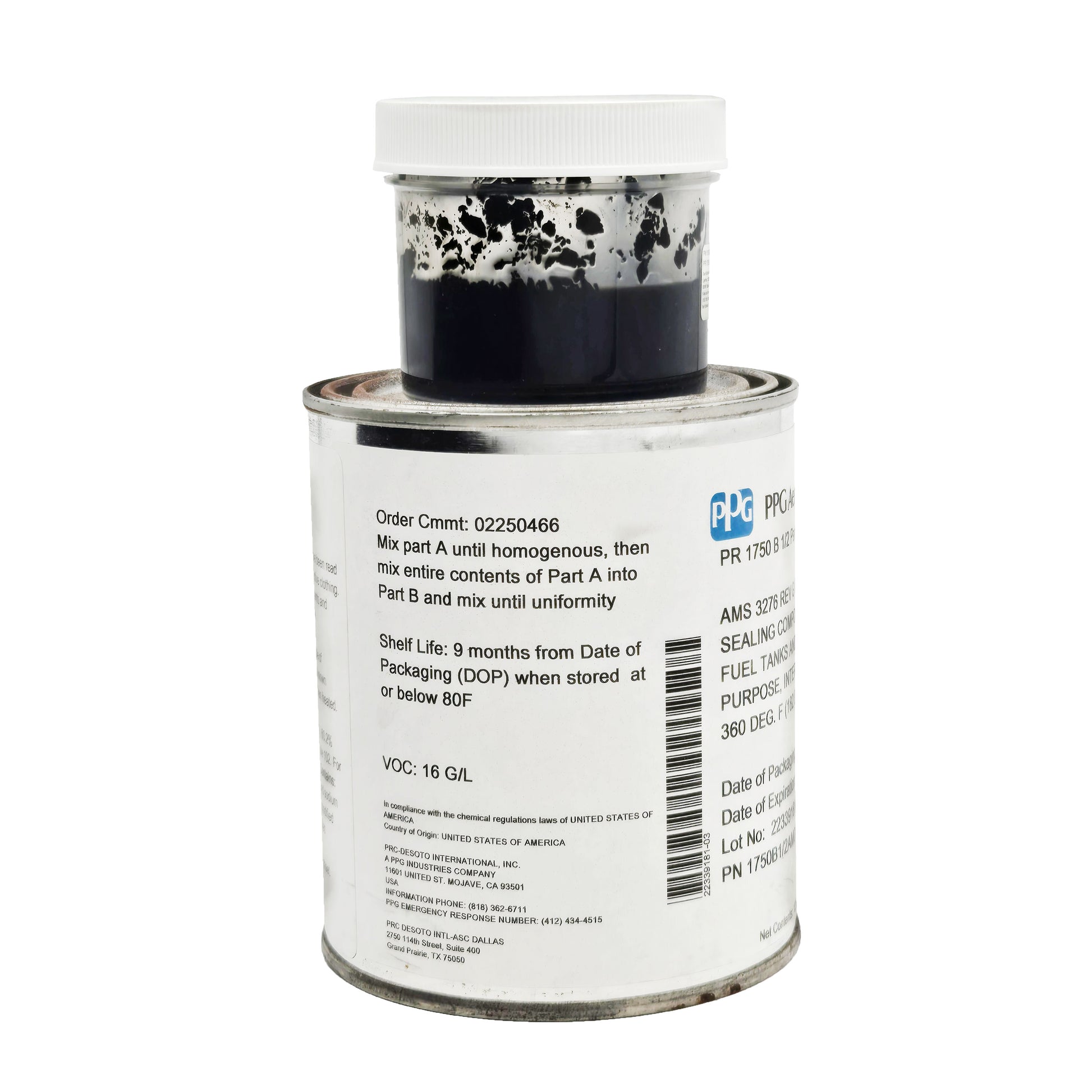 PRC DeSoto PR-1750 B 1/2 two-part aerospace sealant kit with Part A jar on Part B can showing manufacturer, VOC data, and use for integral fuel tanks.
