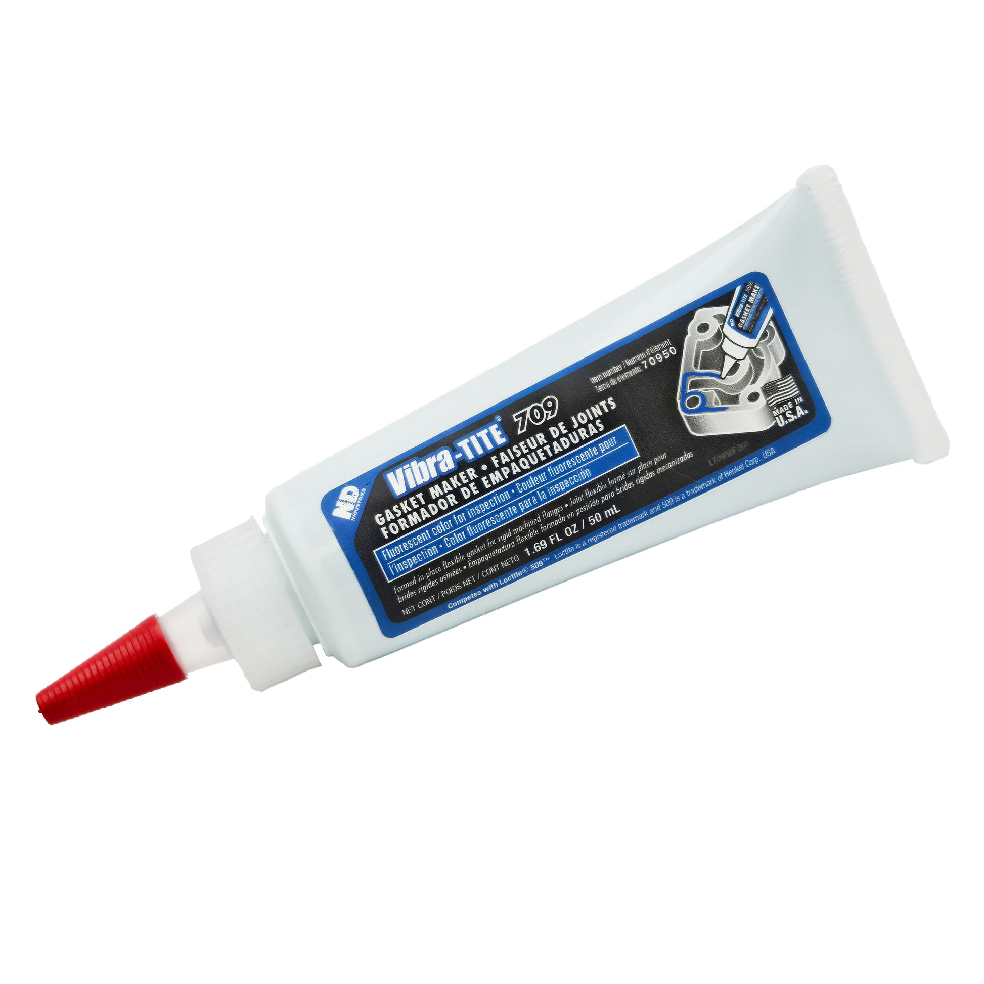 Front view of expired Vibra-Tite 709 Flexible Gasket Maker 50mL tube with red nozzle and blue label for gasket sealing applications.