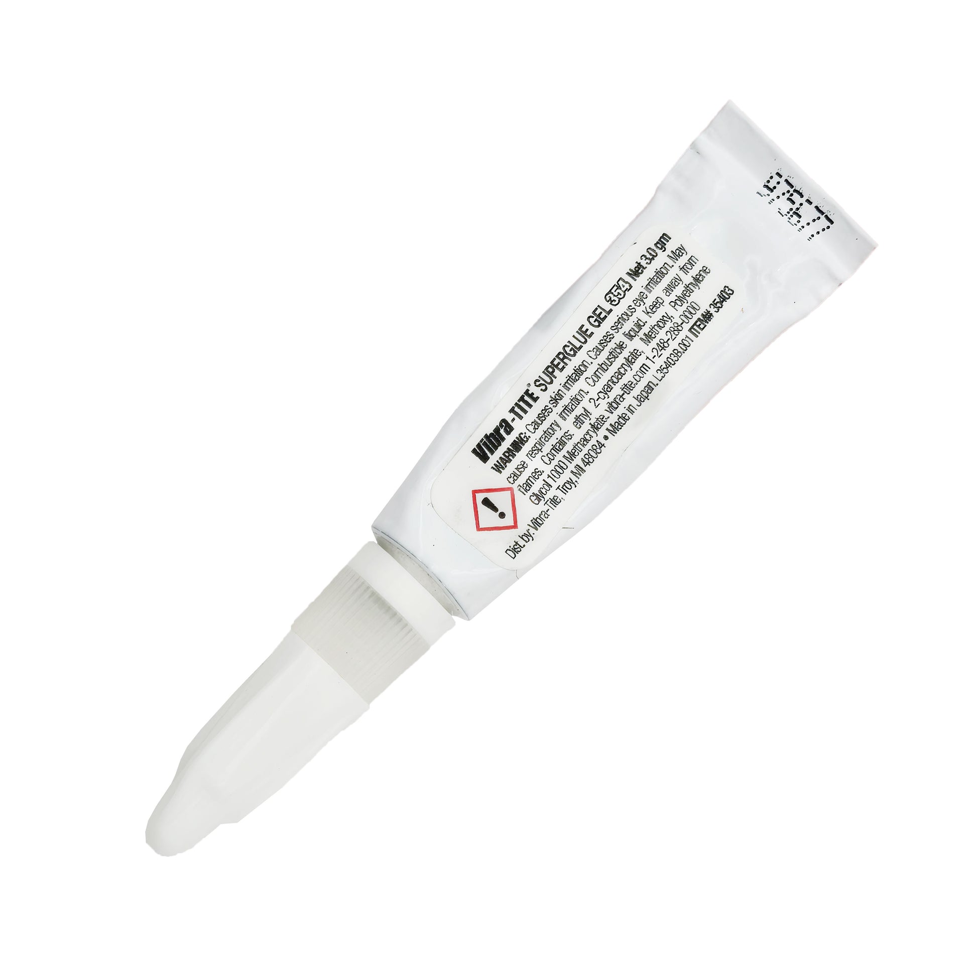 Front view of expired Vibra-Tite 354 Super Glue Gel 3g tube with white body, clear nozzle, and visible warning label text.