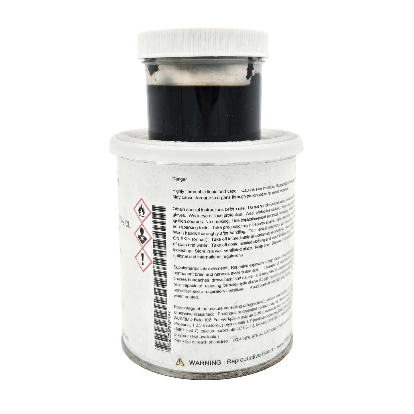 Side label of expired PRC-DeSoto PS-870 A2 sealant displaying GHS pictograms for flammability, health hazards, skin and eye irritation, and extensive danger statements.