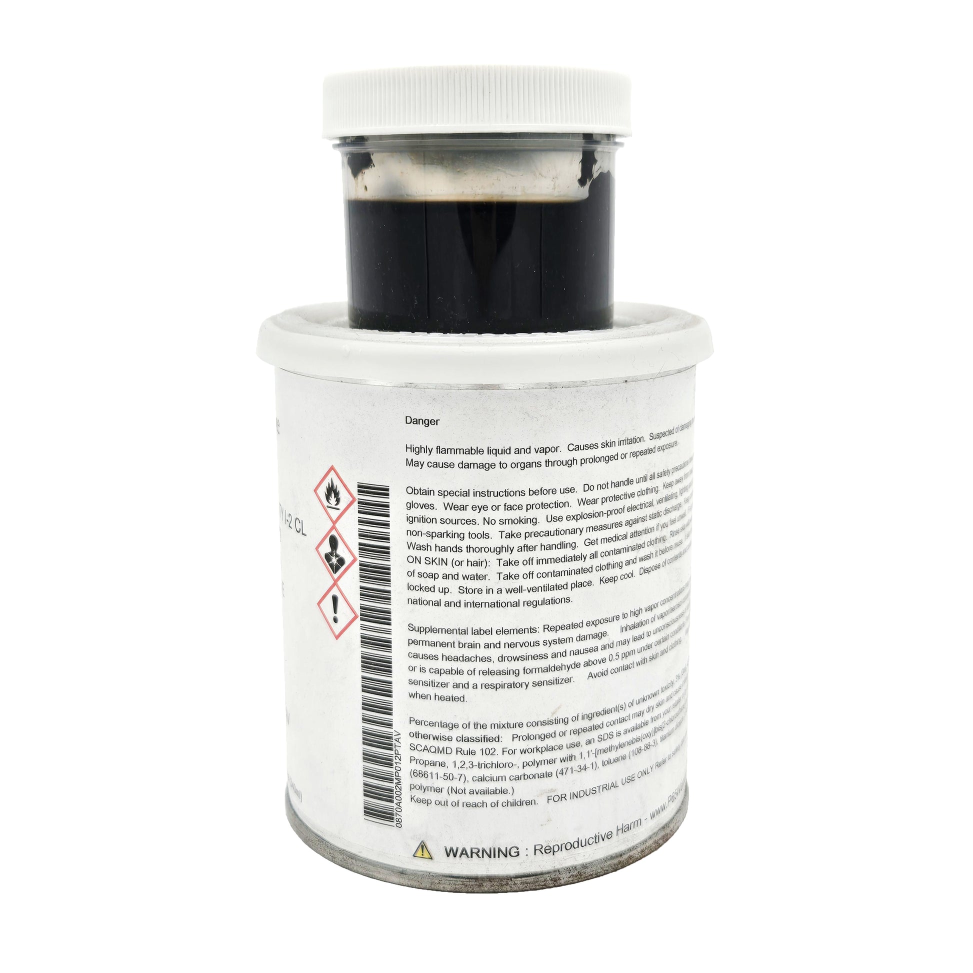 Side label of expired PRC-DeSoto PS-870 A2 sealant displaying GHS pictograms for flammability, health hazards, skin and eye irritation, and extensive danger statements.