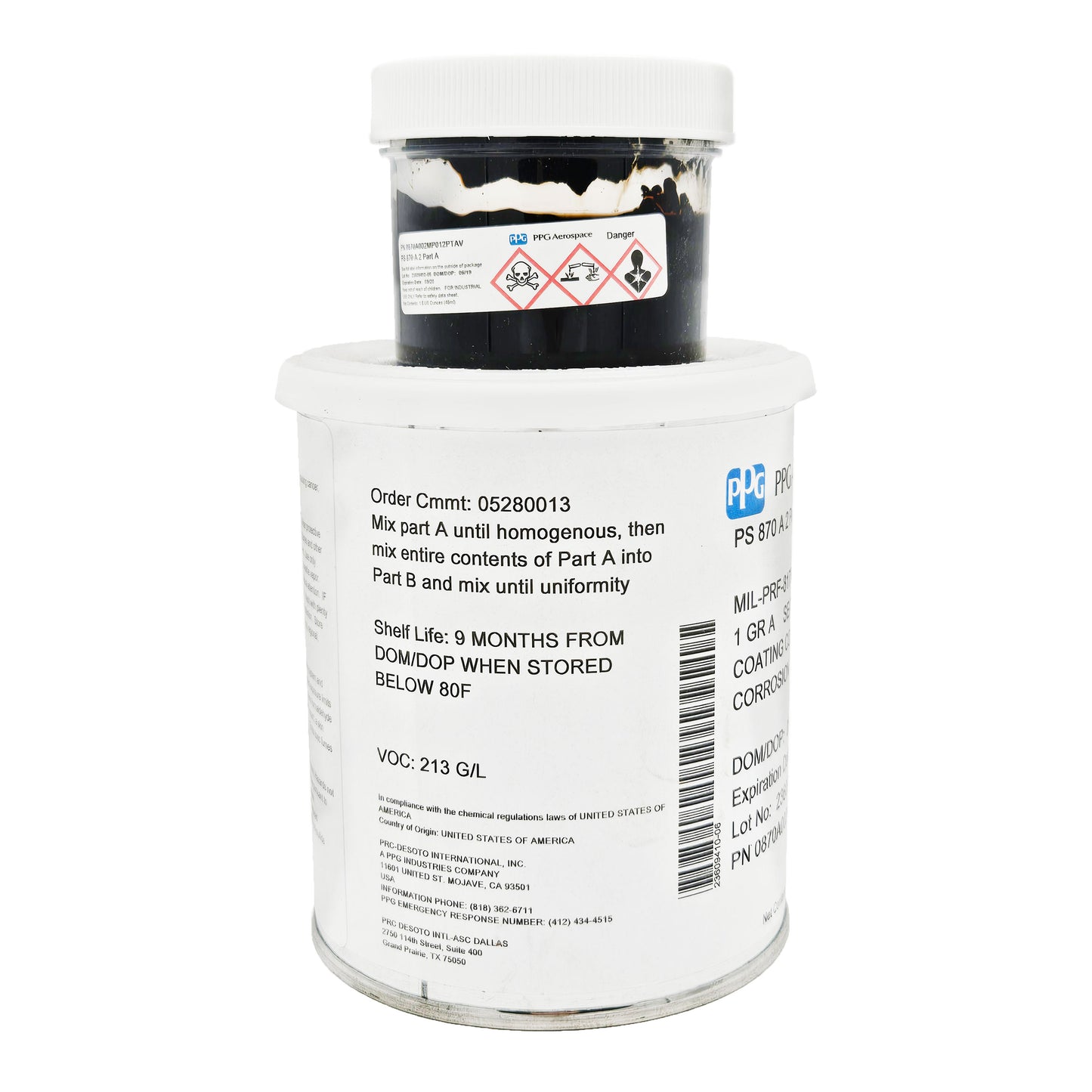 Side label of PRC-DeSoto PS-870 A2 showing mixing instructions, nine-month shelf life requirement below 80°F, and VOC 213 g/L.