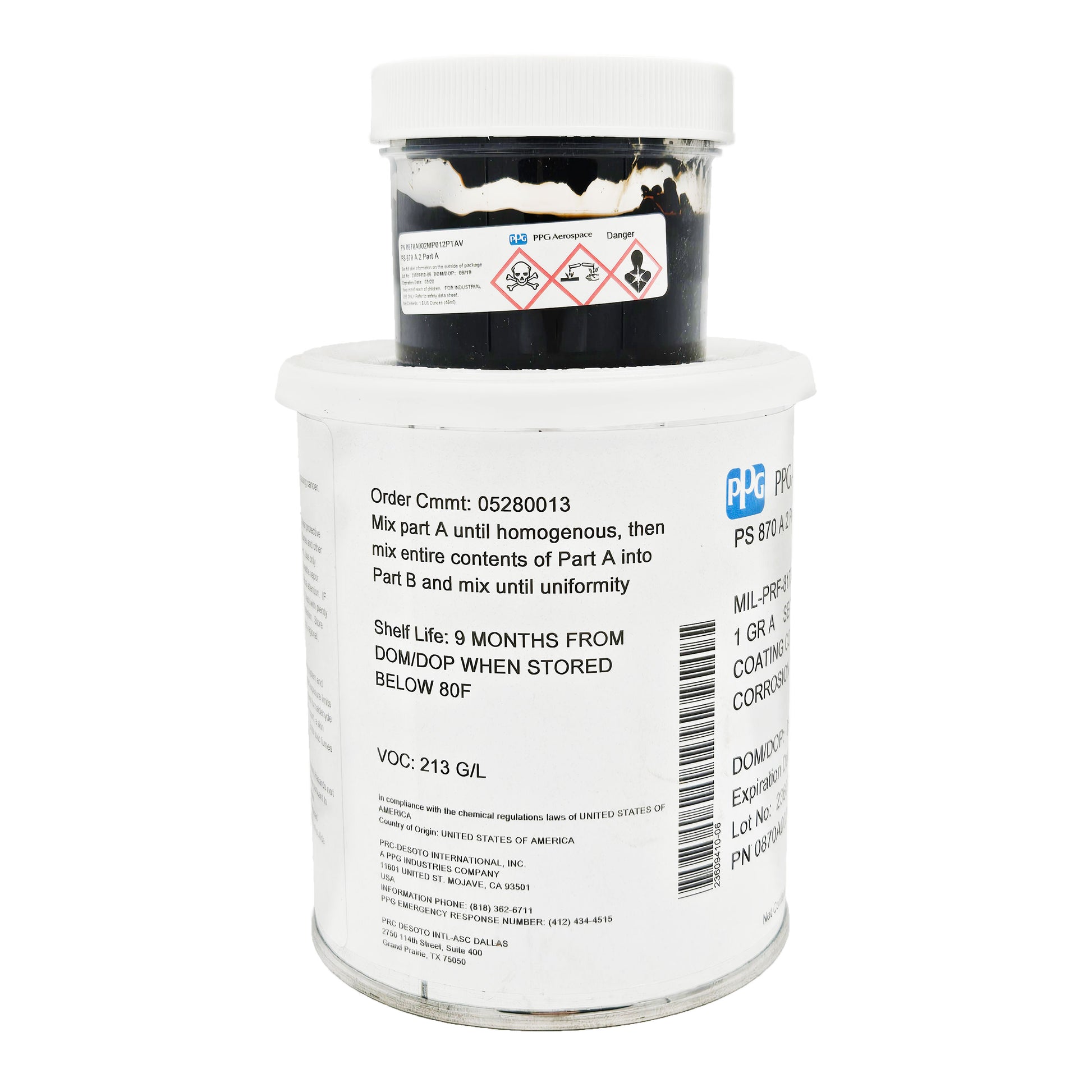 Side label of PRC-DeSoto PS-870 A2 showing mixing instructions, nine-month shelf life requirement below 80°F, and VOC 213 g/L.