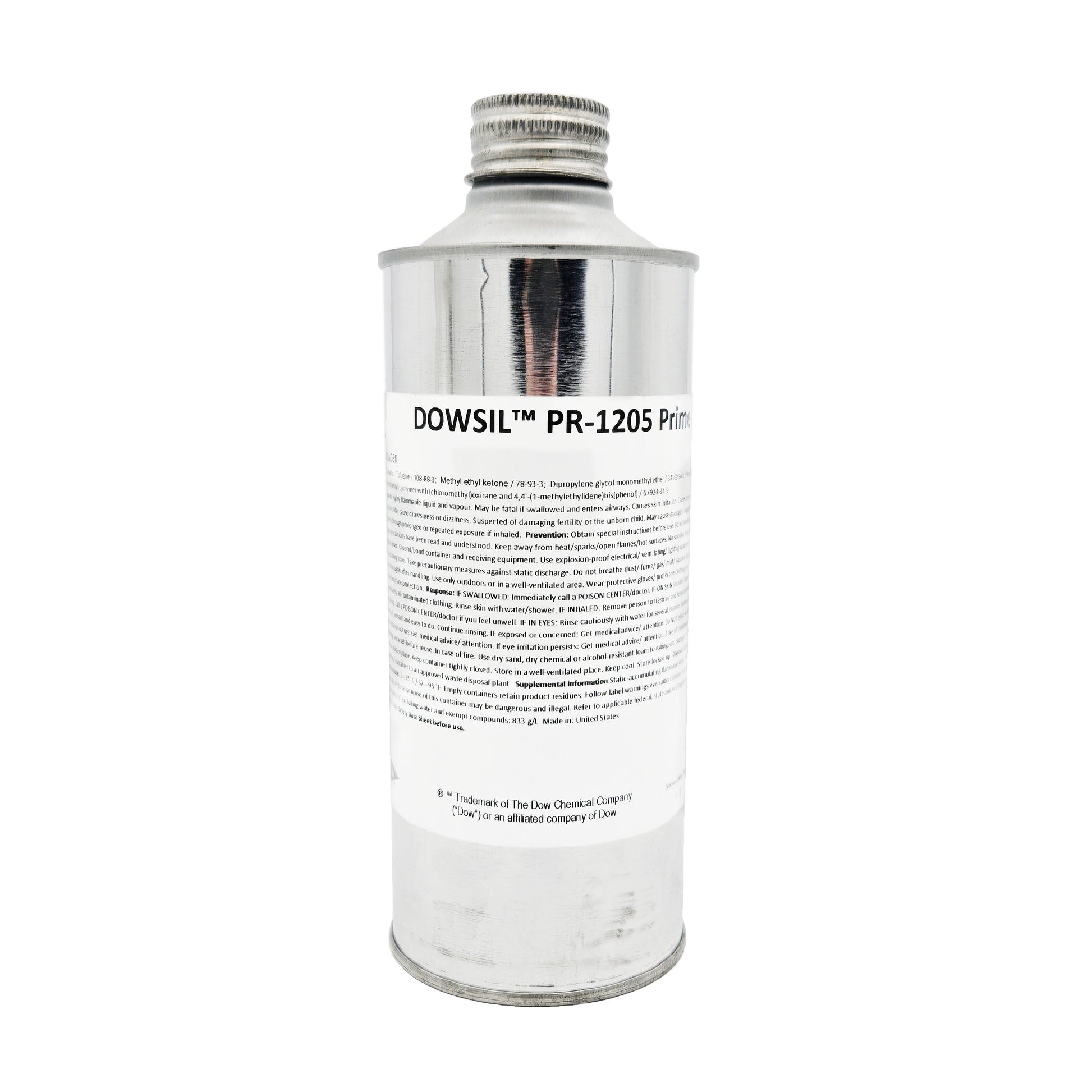 Product label identifying DOWSIL PR-1205 Prime with components methyl ethyl ketone and dipropylene glycol methyl ether.