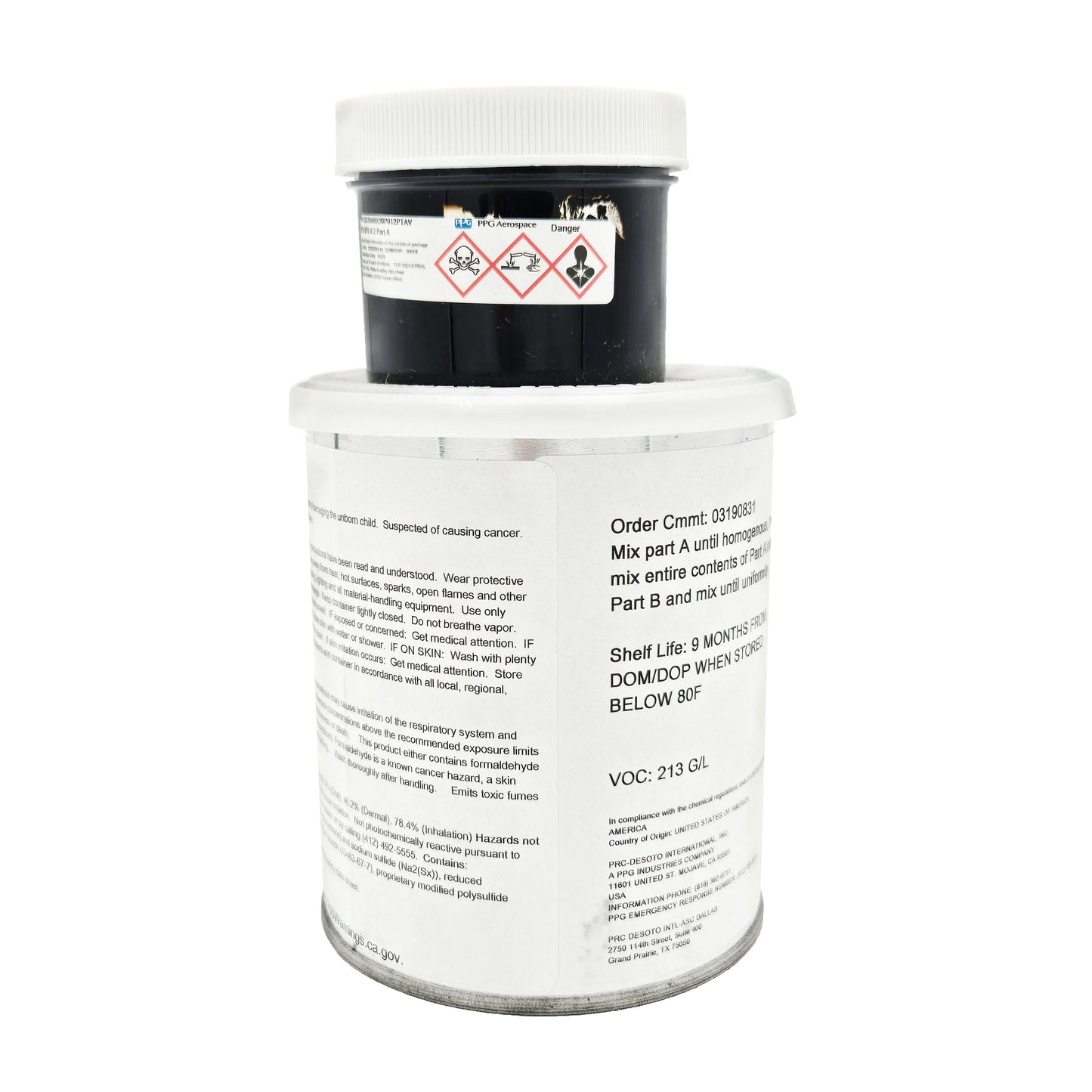 Side label of PRC-DeSoto PS-870 A2 sealant showing mixing directions, nine-month shelf life information, and VOC content.