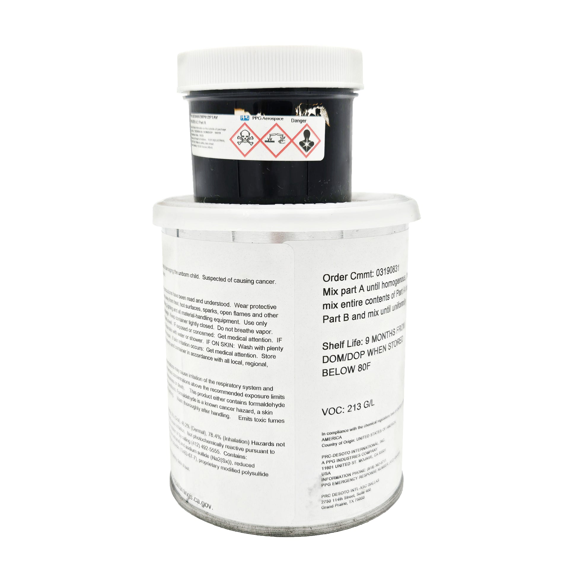 Side label of PRC-DeSoto PS-870 A2 sealant showing mixing directions, nine-month shelf life information, and VOC content.