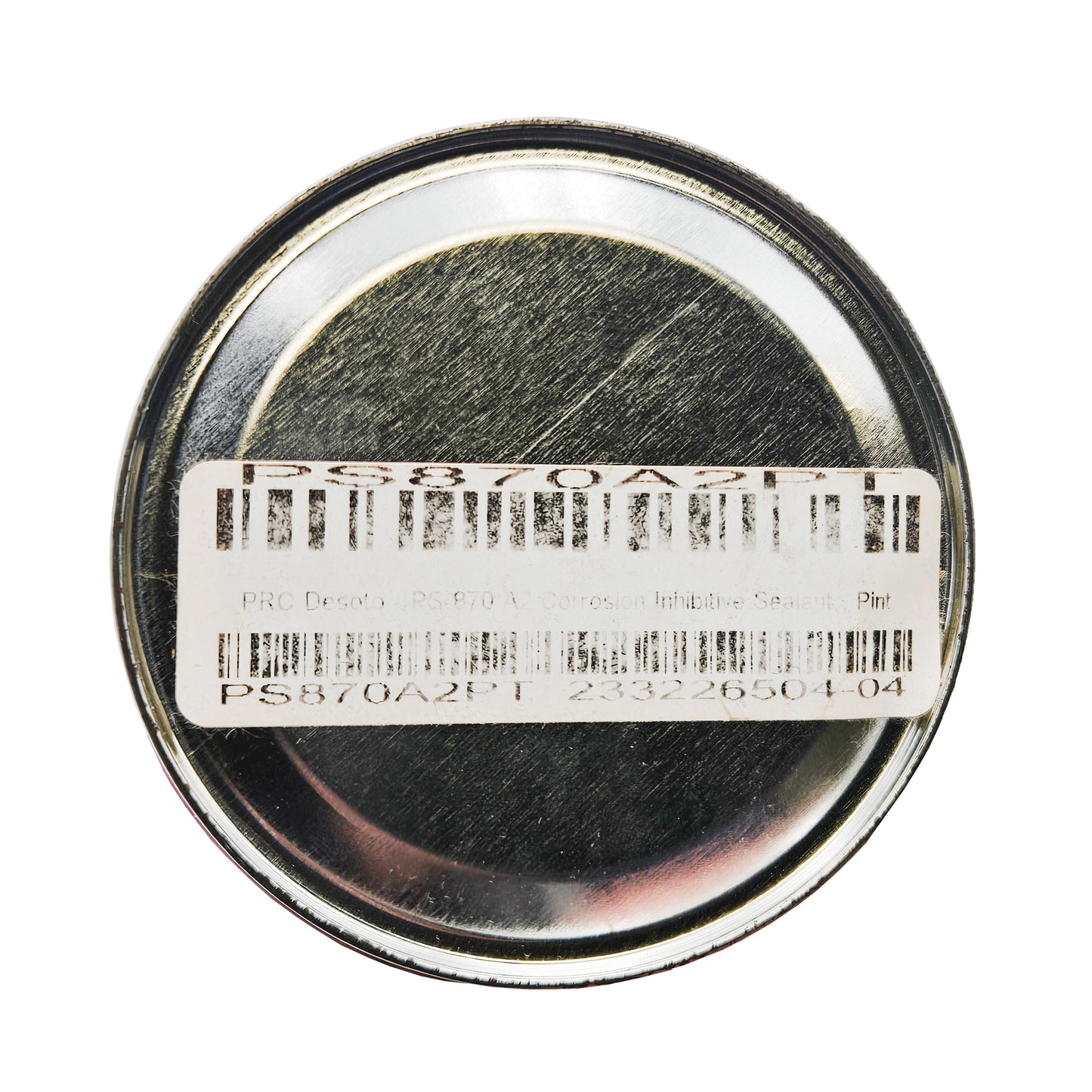 Top view of PRC-DeSoto PS-870 A2 sealant pint container lid with identification sticker and product barcode