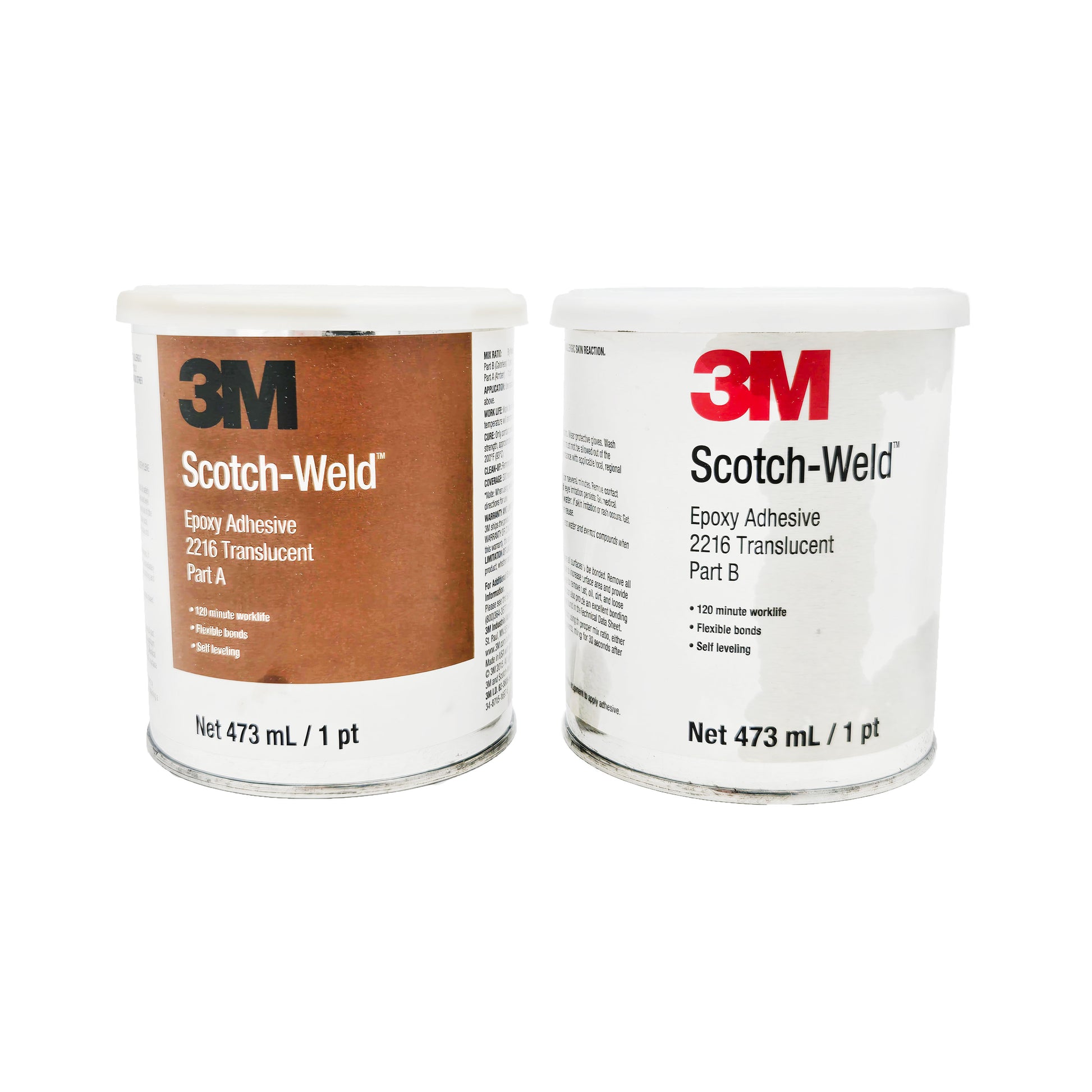 Front view of expired 3M Scotch-Weld 2216 epoxy Part A and Part B pint cans showing 120-minute worklife, flexible bonds, and self-leveling features