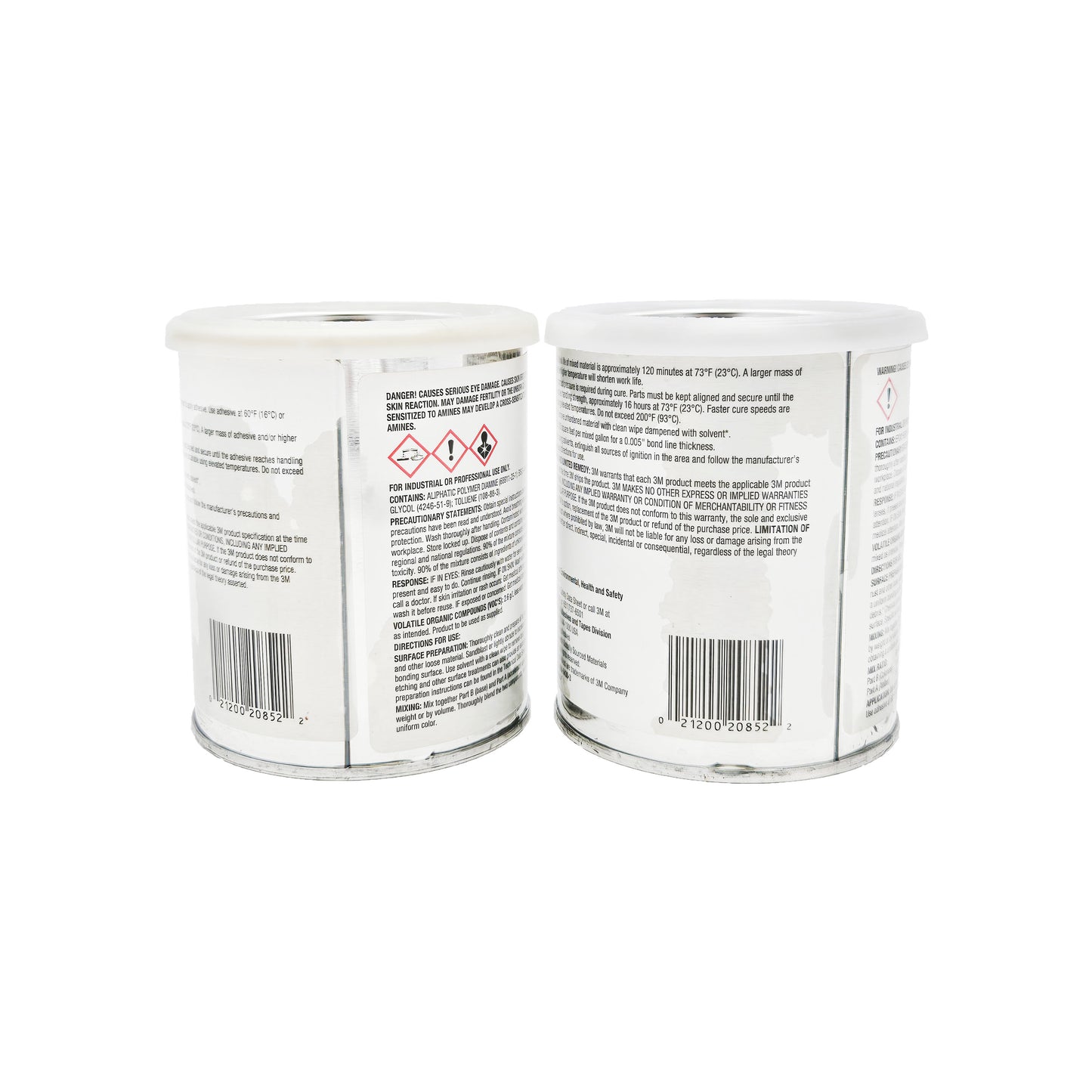 Side labels of 3M Scotch-Weld 2216 epoxy showing GHS hazard pictograms and danger statements for eye damage, skin irritation, and reproductive harm; industrial-use warning