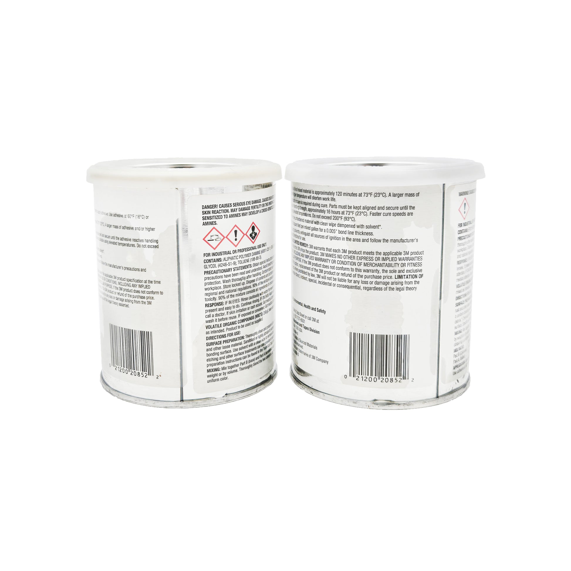 Side labels of 3M Scotch-Weld 2216 epoxy showing GHS hazard pictograms and danger statements for eye damage, skin irritation, and reproductive harm; industrial-use warning