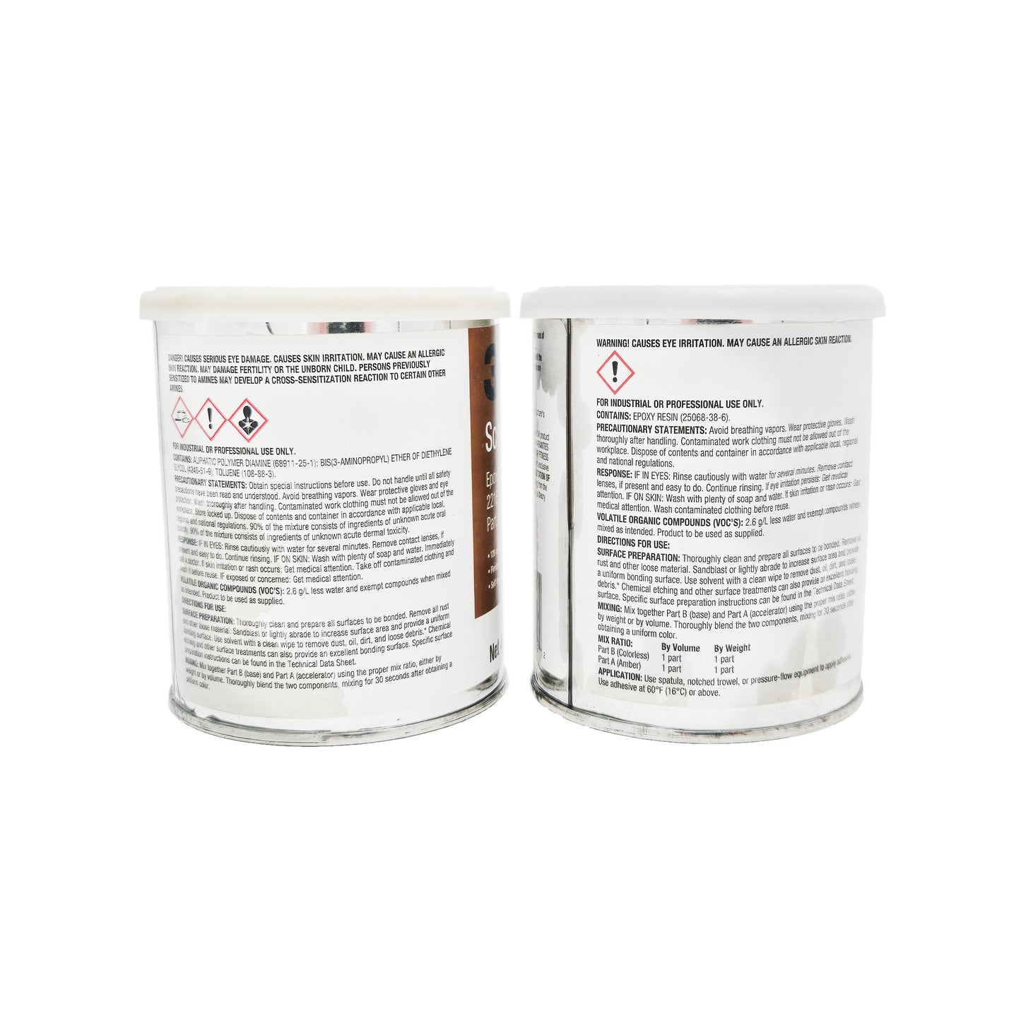 Instruction labels on 3M Scotch-Weld 2216 epoxy showing Part A danger warnings and ingredients, and Part B directions for use, surface preparation, mixing, and component list