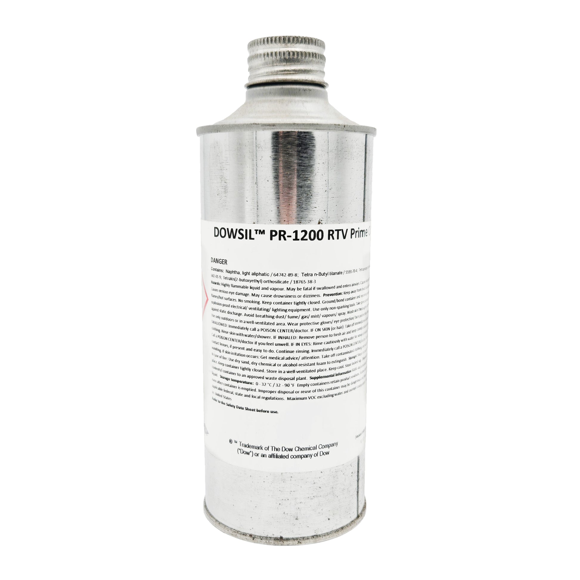 Side label of DOWSIL PR-1200 RTV Prime showing ingredients naphtha light aliphatic and tetra-n-butyl titanate with extensive safety and first-aid precautions.