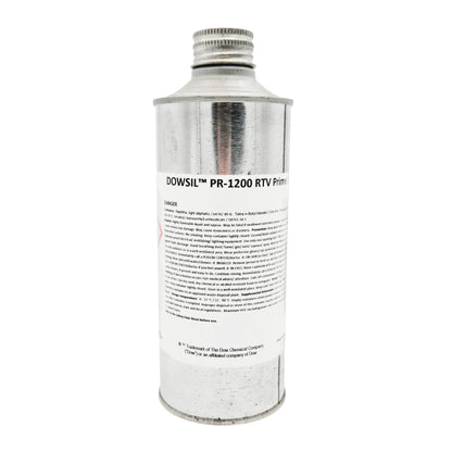 Side label of DOWSIL PR-1200 RTV Prime showing ingredients naphtha light aliphatic and tetra-n-butyl titanate with extensive safety and first-aid precautions.