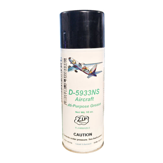 Front view of Zip Chem D-5933NS Aeroshell 33 aircraft grease aerosol can showing label, airplane graphic, and flammable warning.