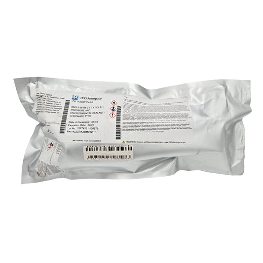 Polybag packaging of PRC DeSoto PR1432GP Part B base compound with visible lot number, packaging date, and Prop 65 warning.