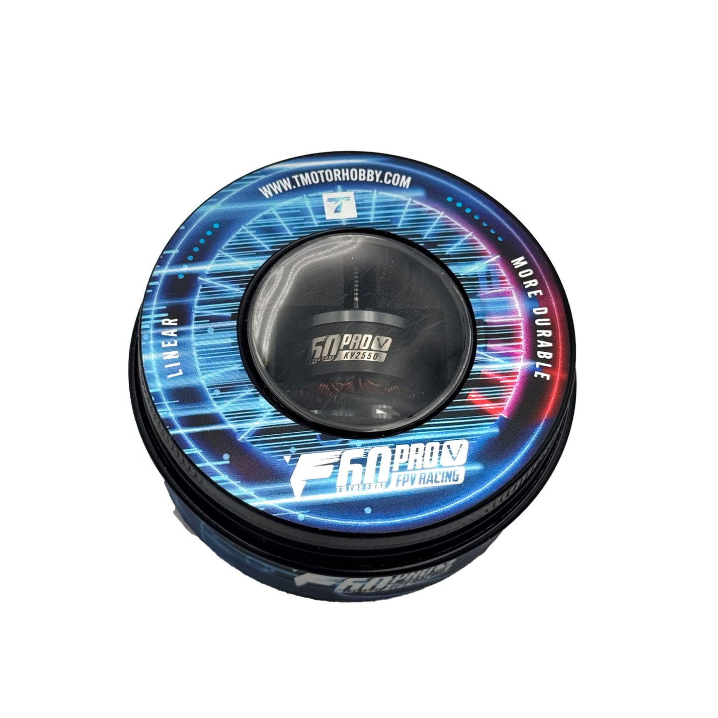 Retail packaging of T‑Motor F60Pro V KV2550 FPV Racing Motor in circular display case.