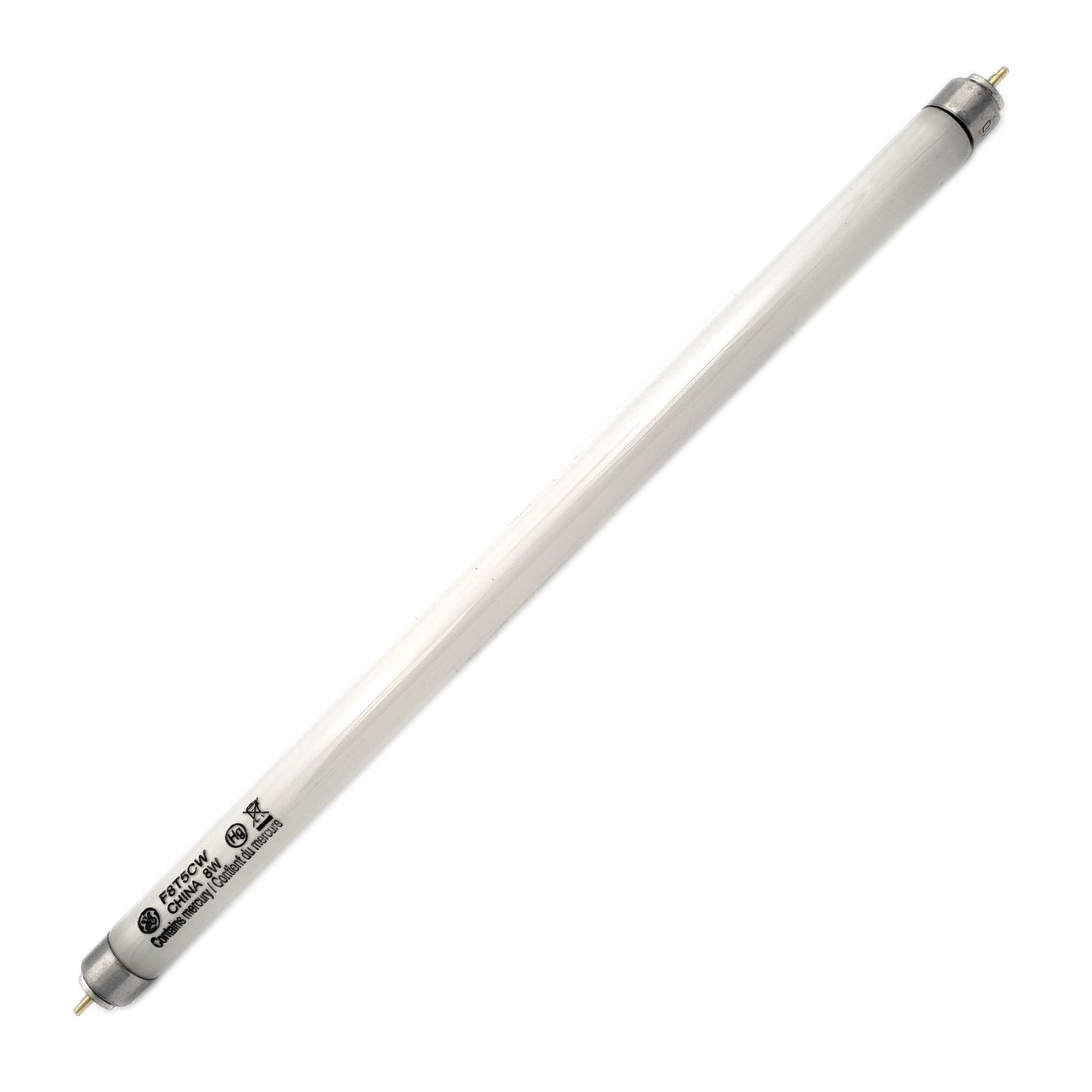 GE Fluorescent Lamp 8W F8T5CW 10059 – Long White Bulb Tilted Right with Logo and Printed Details Visible