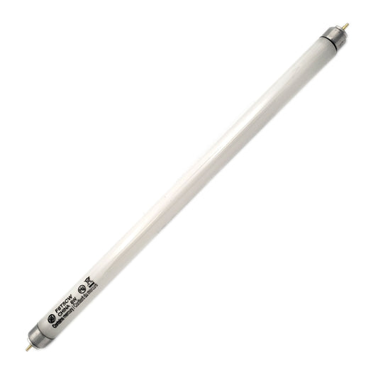 GE Fluorescent Lamp 8W F8T5CW 10059 – Long White Bulb Tilted Right with Logo and Printed Details Visible