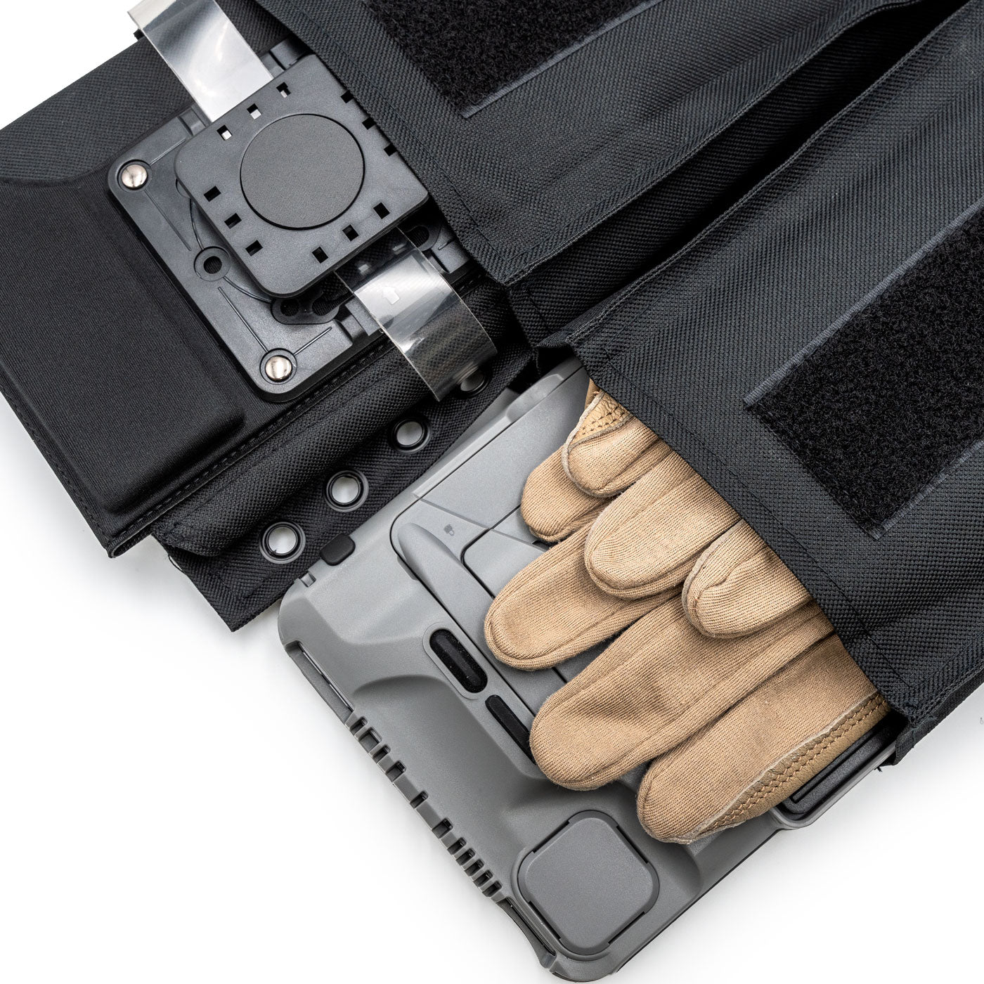 FlyBoys F-16 Viper Pubs Bag FB1016 fighter pilot publication storage bag for F-16 cockpit operations, open with gloves